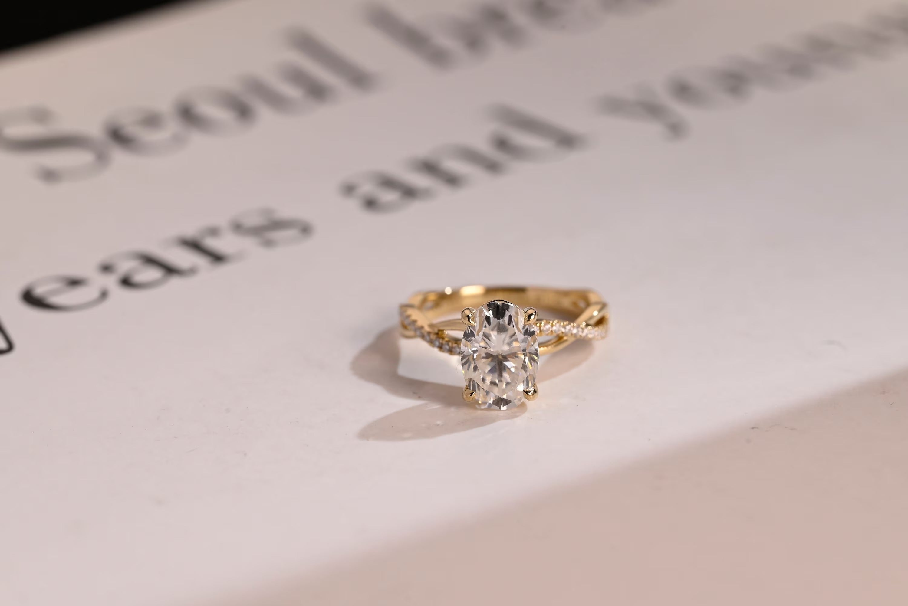 Solid Gold Oval Moissanite Engagement Ring, Twisted Band Half Eternity Bridal Ring Main image