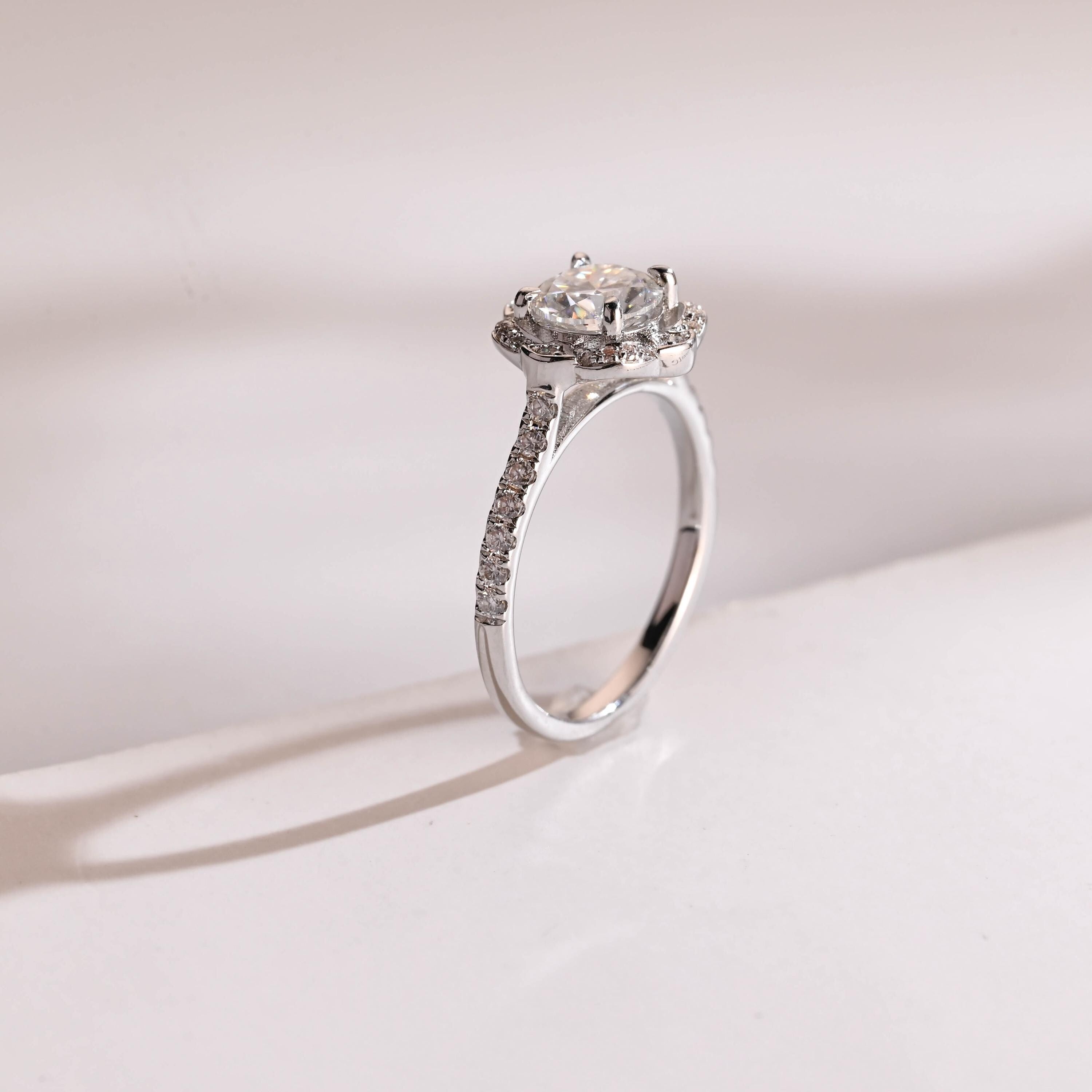 Solid Gold Round Moissanite Engagement Ring, Floral Halo Ring Secondary image
