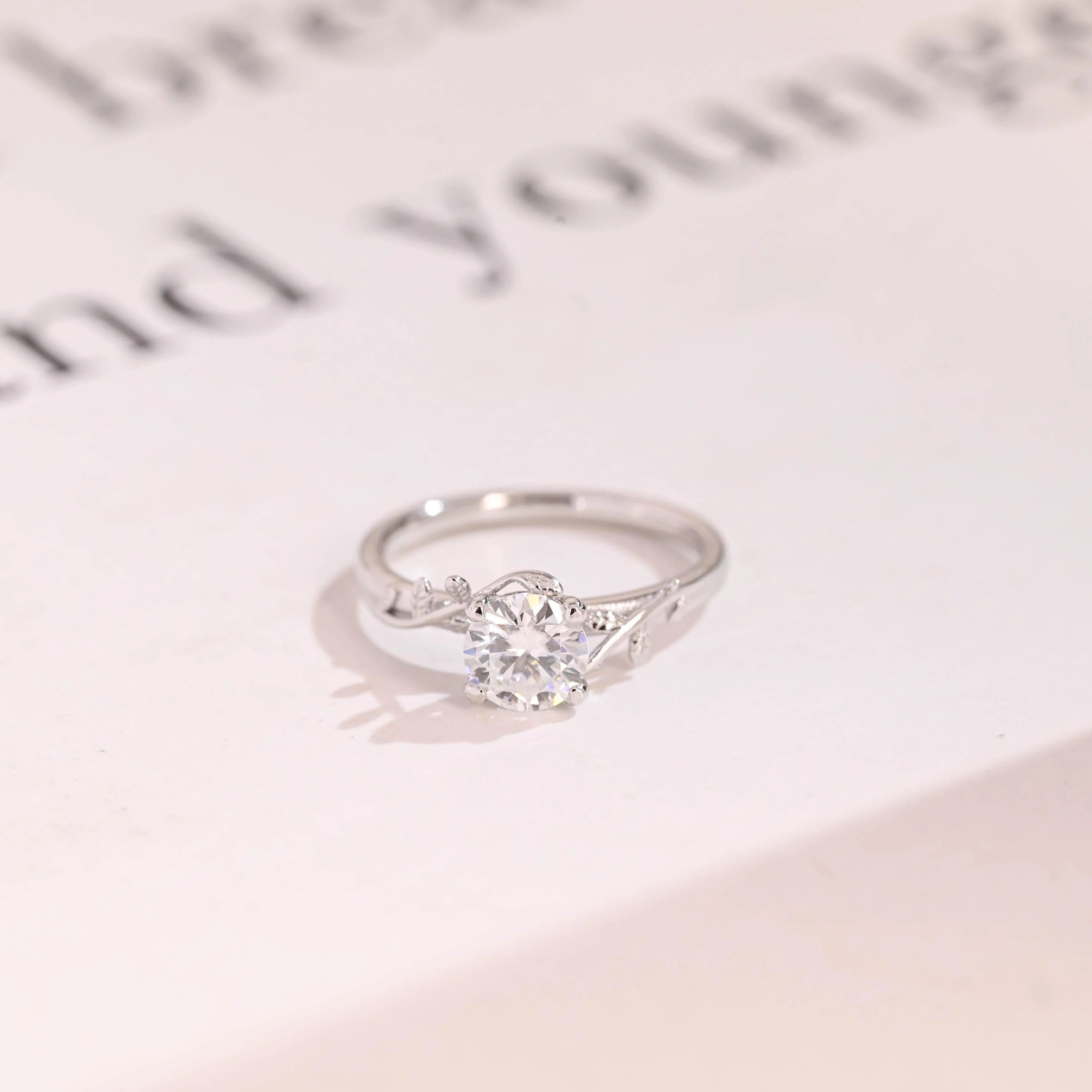 Solid Gold Round Moissanite Engagement Ring, Nature Inspired Proposal Ring Main image