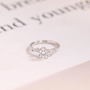 Solid Gold Round Moissanite Engagement Ring, Nature Inspired Proposal Ring