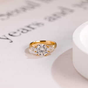 Solid Gold 3mm Width Three Stone Round Cut Moissanite Engagement Ring with Pear Accent