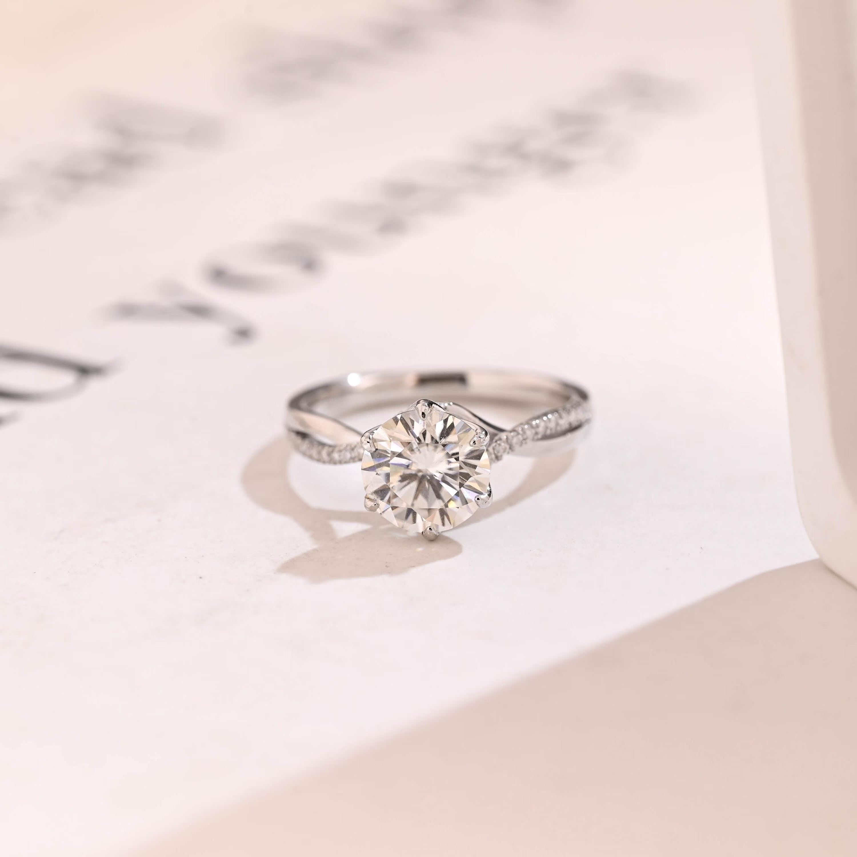 Solid Gold Floral Round Moissanite Engagement Ring, Twisted Band Anniversary Ring Main image