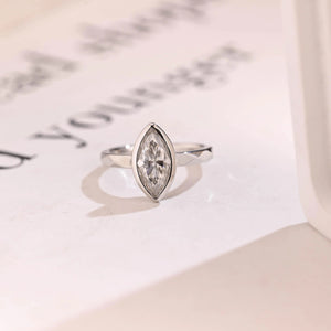 Solid Gold Marquise Moissanite Engagement Ring, Minimalist Bezel Ring