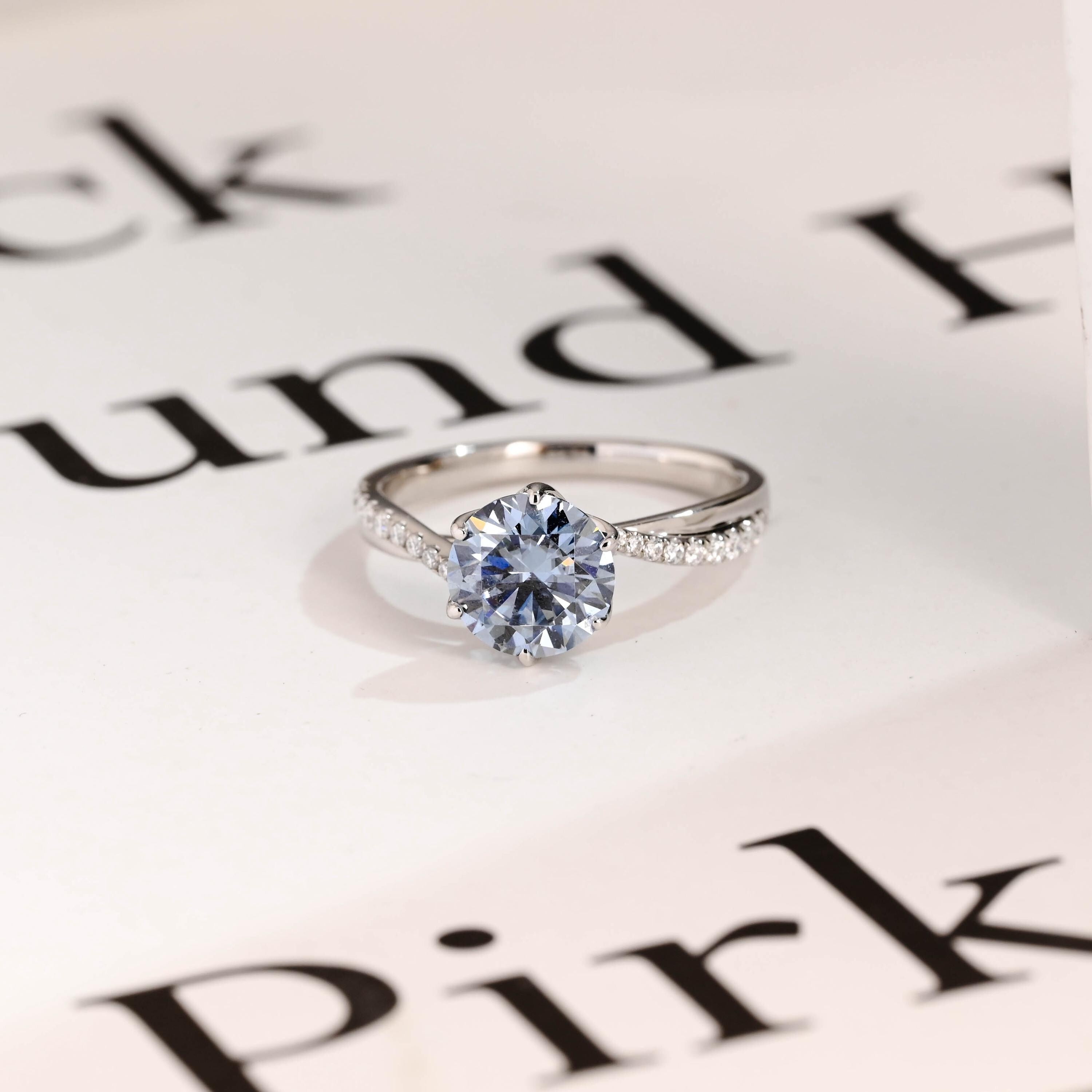 Solid Gold Round Cut Blue Moissanite Engagement Ring, Tulip Floral Bridal Ring Main image