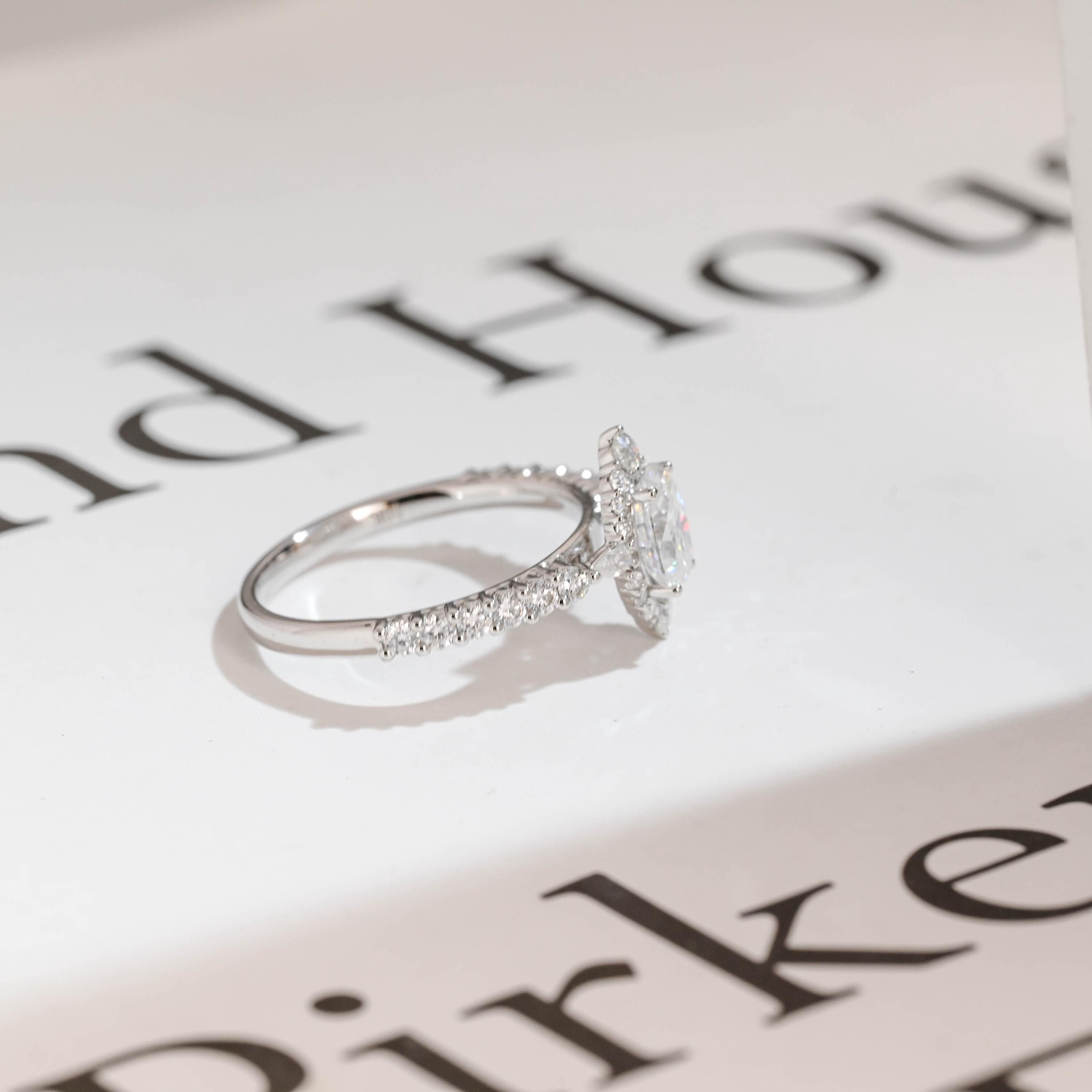 Solid Gold Marquise Cut Moissanite Engagement Ring, Halo & Half Pave Ring