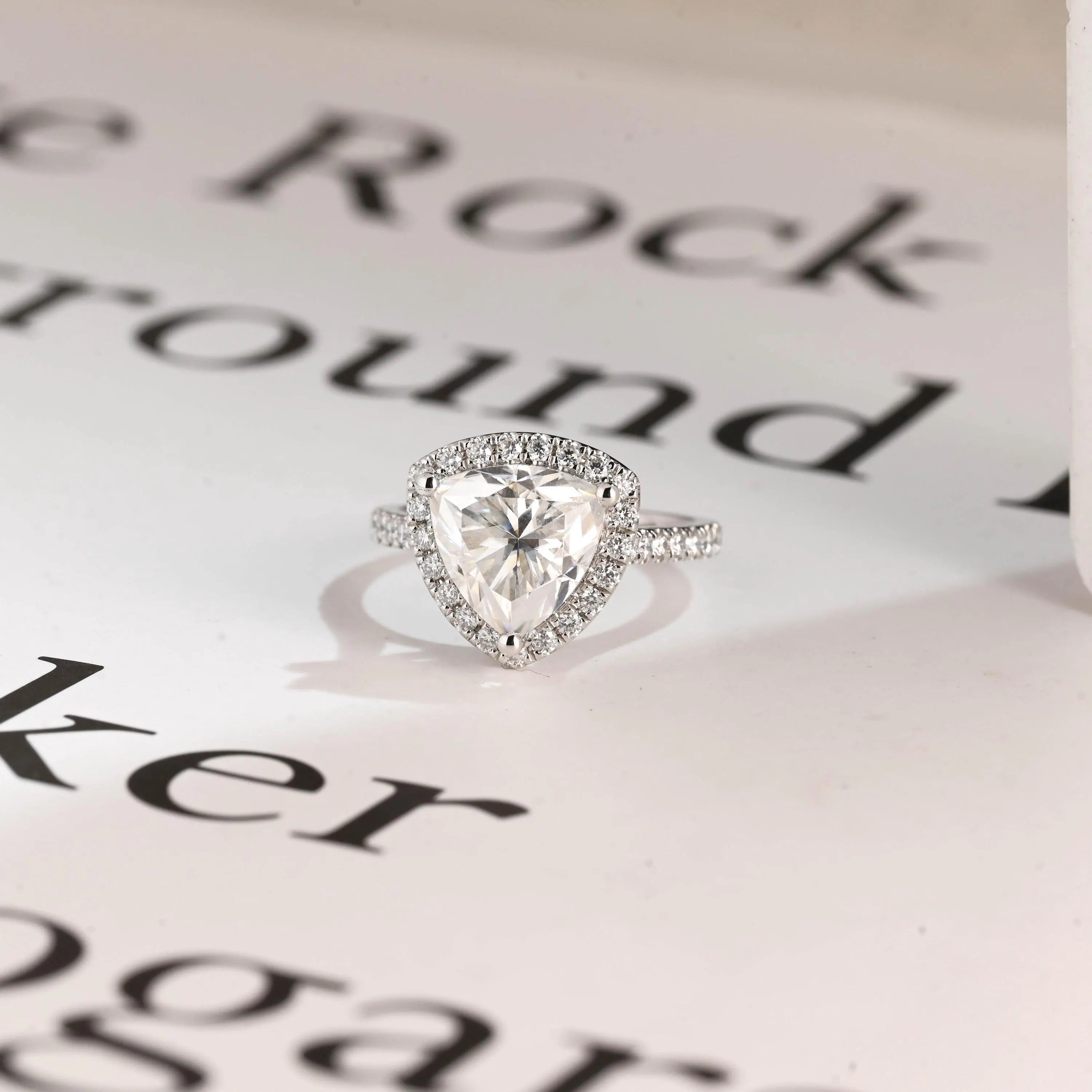 Solid Gold Trillion Cut Moissanite Engagement Ring, Halo Triangle Wedding Ring Main image