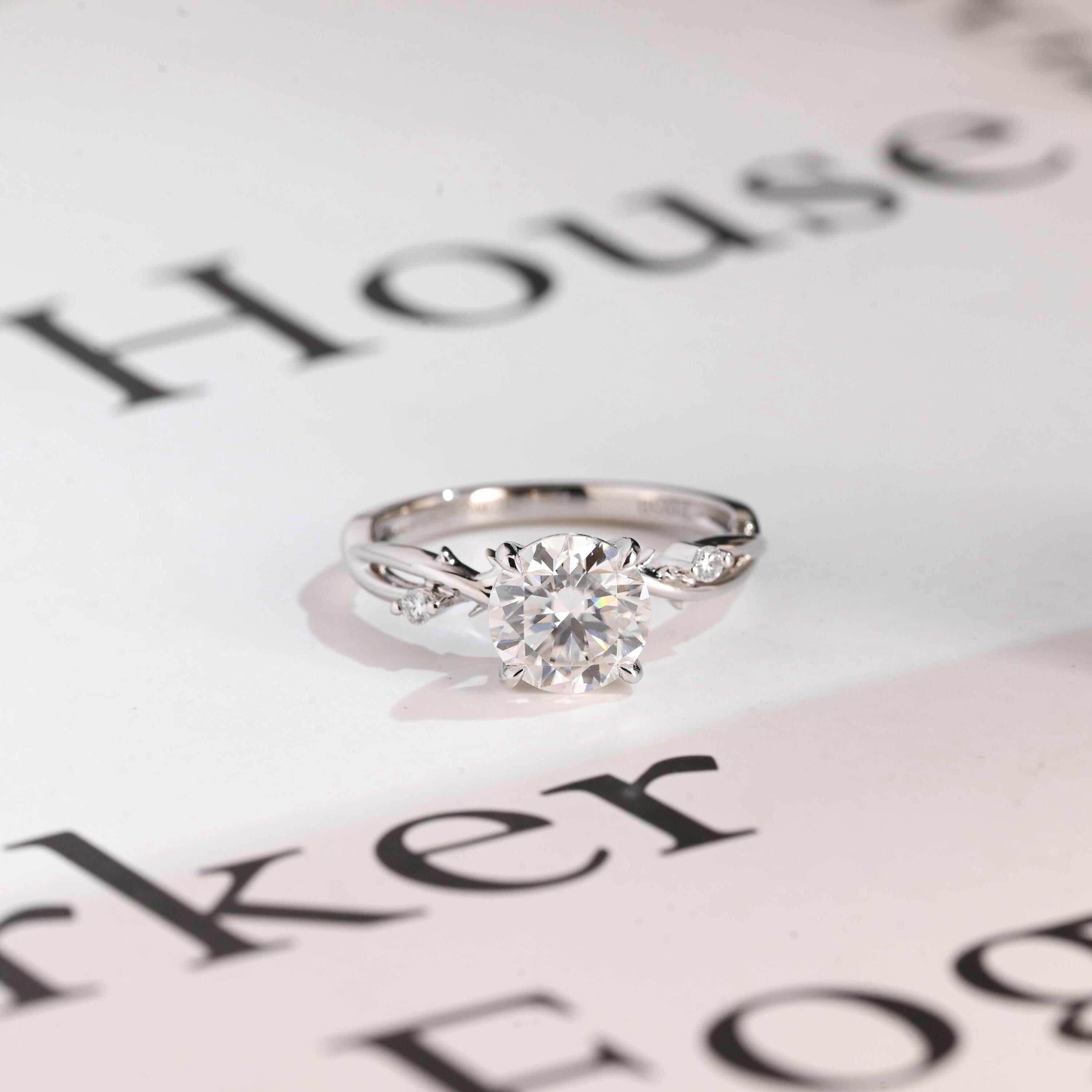 Solid Gold Round Cut Moissanite Engagement Ring, Twisted Band Ring Main image