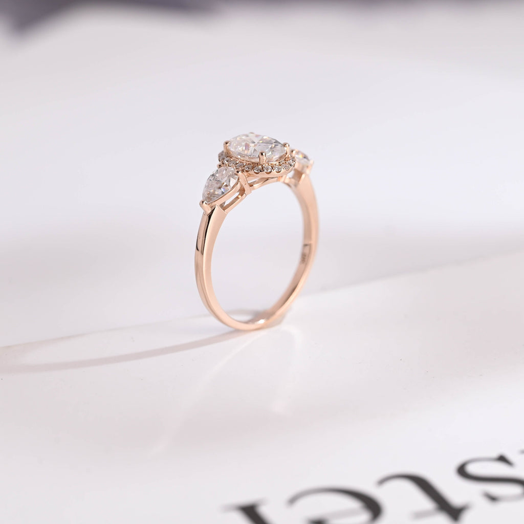 Solid Gold Three Stone Oval Cut Moissanite Engagement Ring