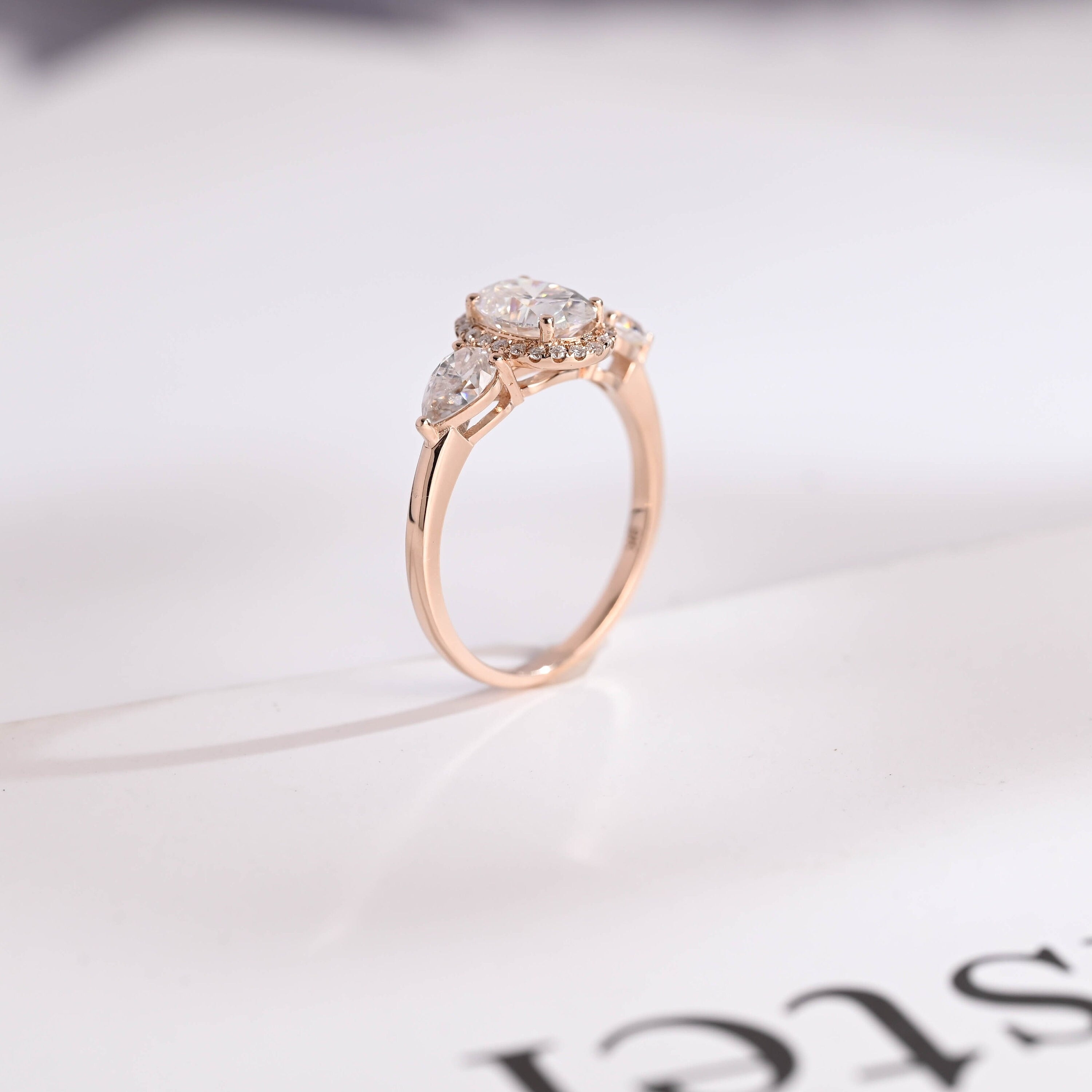 Solid Gold Three Stone Oval Cut Moissanite Engagement Ring