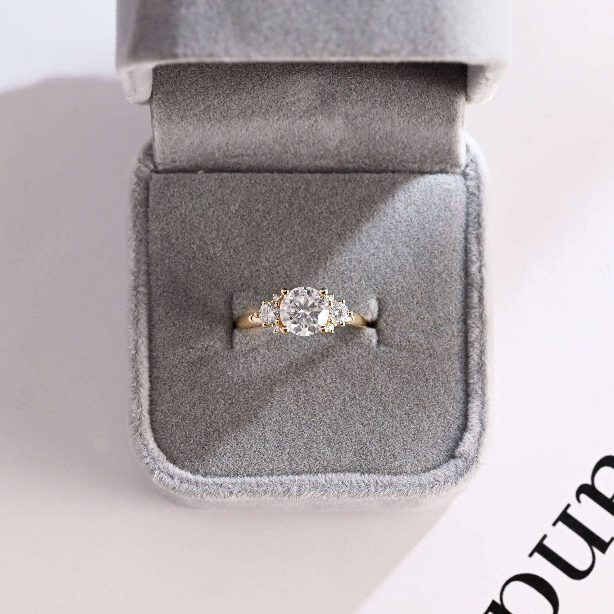 Solid Gold Three Stone Ring, Round Cut Moissanite Engagement Ring
