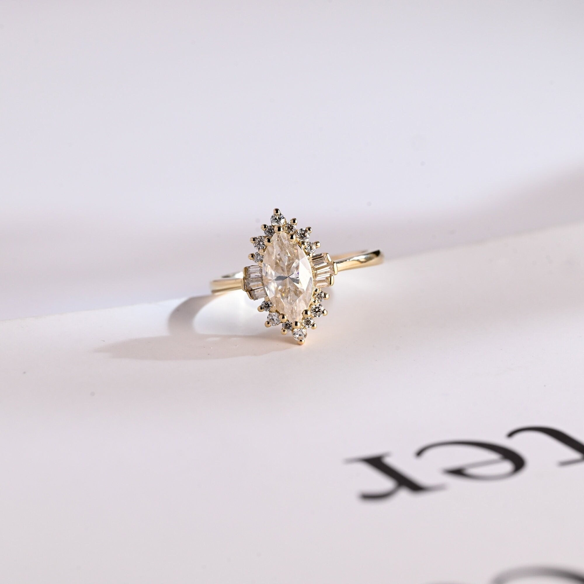 Solid Gold Marquise Cut Halo Moissanite Engagement Ring, Bridal Ring for Women Main image
