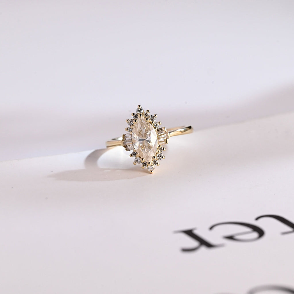 Solid Gold Marquise Cut Halo Moissanite Engagement Ring, Bridal Ring for Women