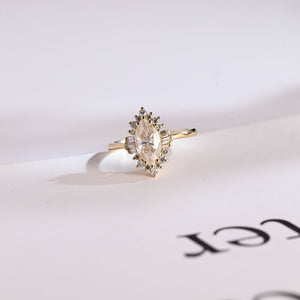 Solid Gold Marquise Cut Halo Moissanite Engagement Ring, Bridal Ring for Women