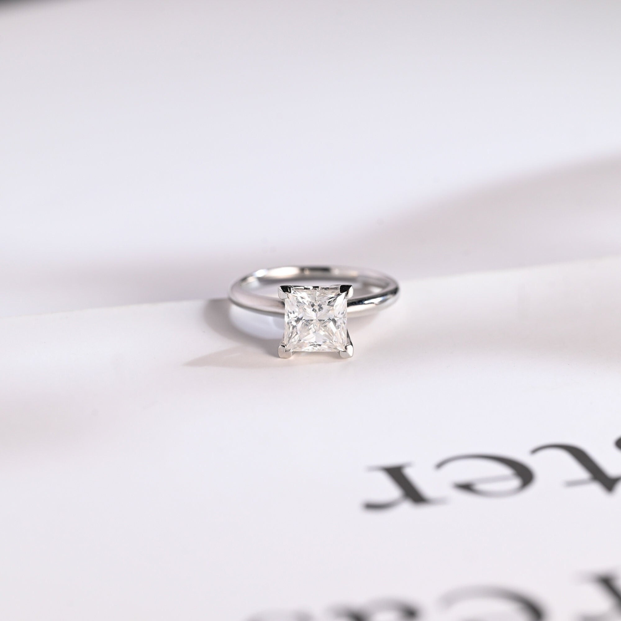Solid Gold Princess Cut Moissanite Engagement Ring, Art Deco Ring Main image