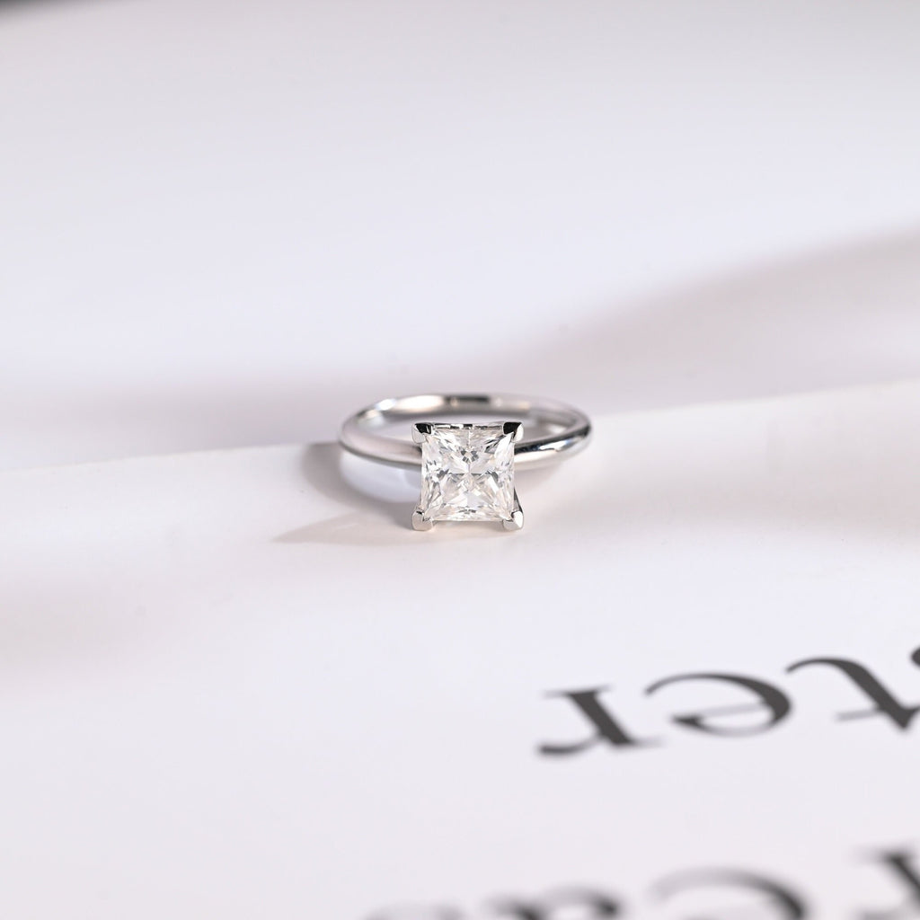 Solid Gold Princess Cut Moissanite Engagement Ring, Art Deco Ring
