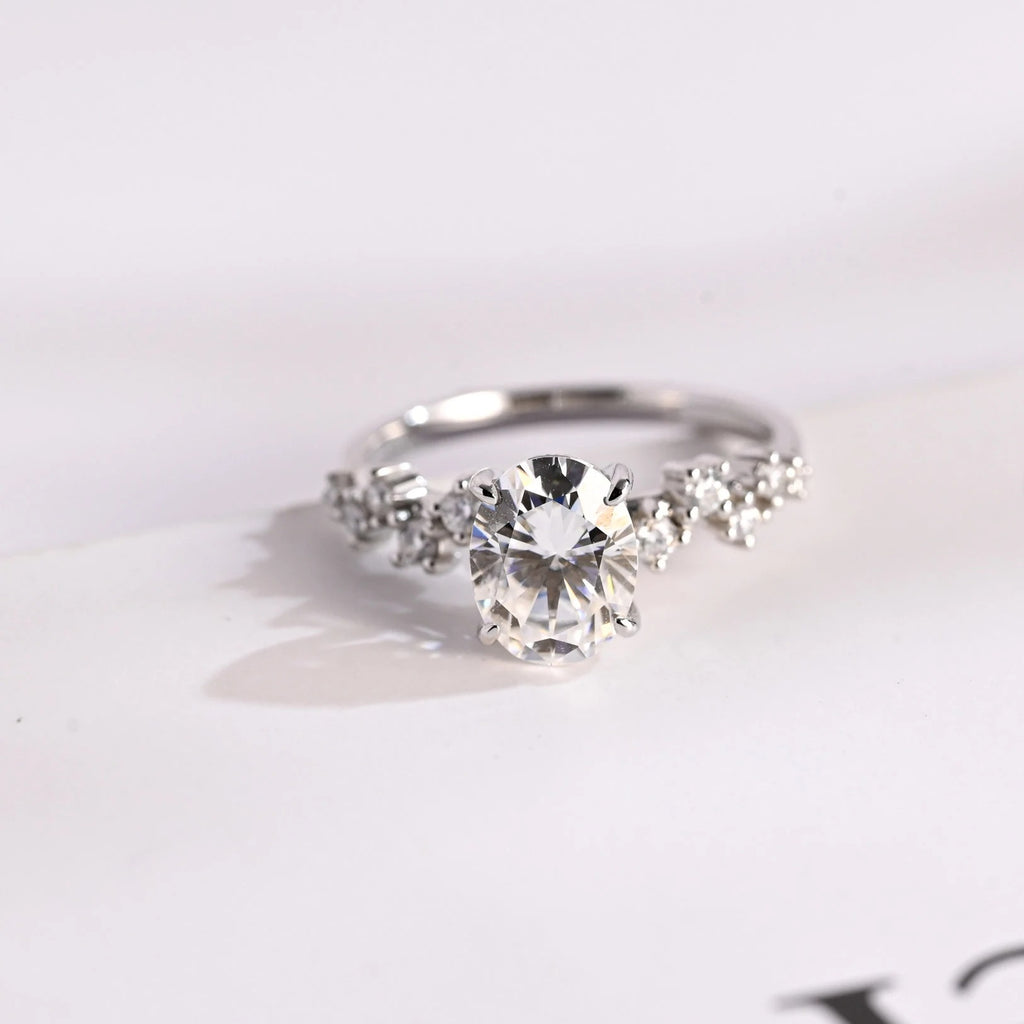 Solid Gold Oval Cut Moissanite Engagement Ring with Hidden Halo
