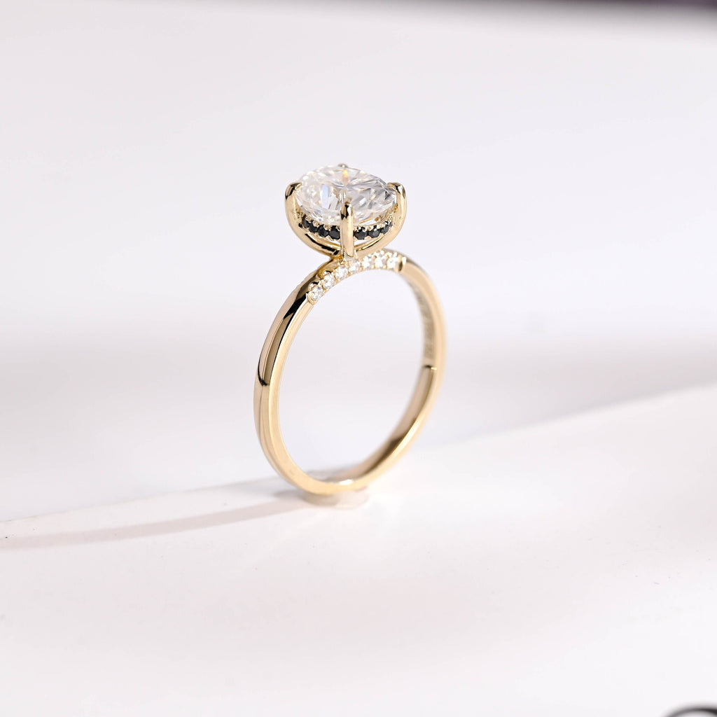 Solid Gold Oval Cut Moissanite Engagement Ring with Black Moissanite Hidden Halo