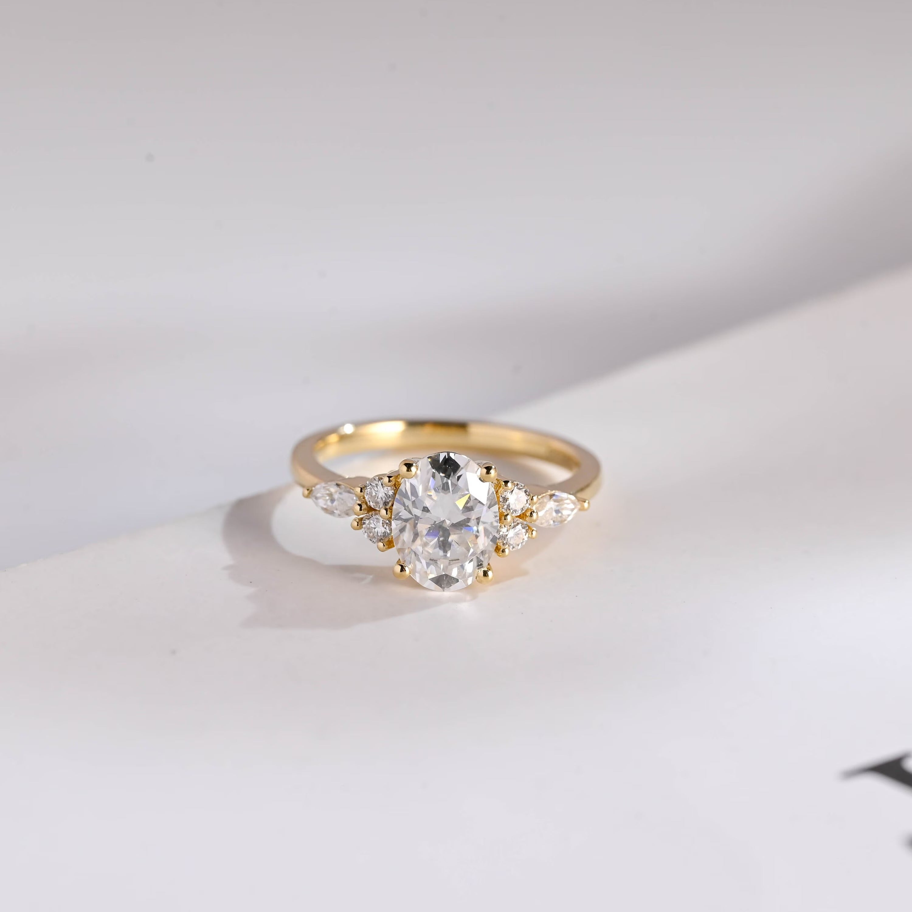 Solid Gold Oval Cut Cluster Moissanite Engagement Ring, Promise Ring Main image