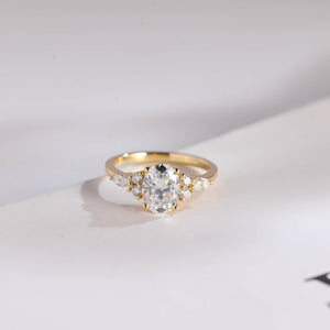 Solid Gold Oval Cut Cluster Moissanite Engagement Ring, Promise Ring