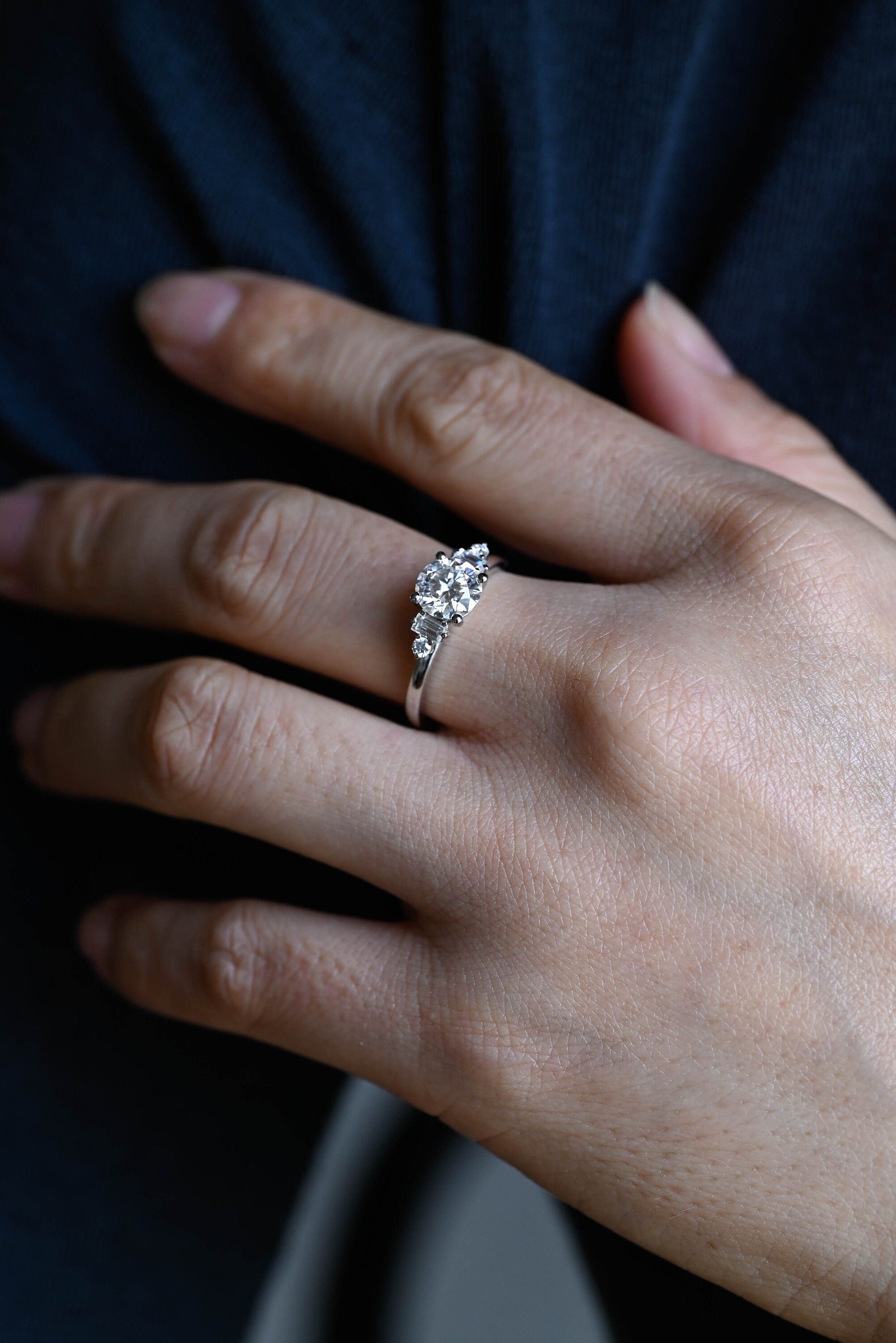 Three Stone Round Moissanite Engagement Ring, Solid Gold Dainty Anniversary Ring