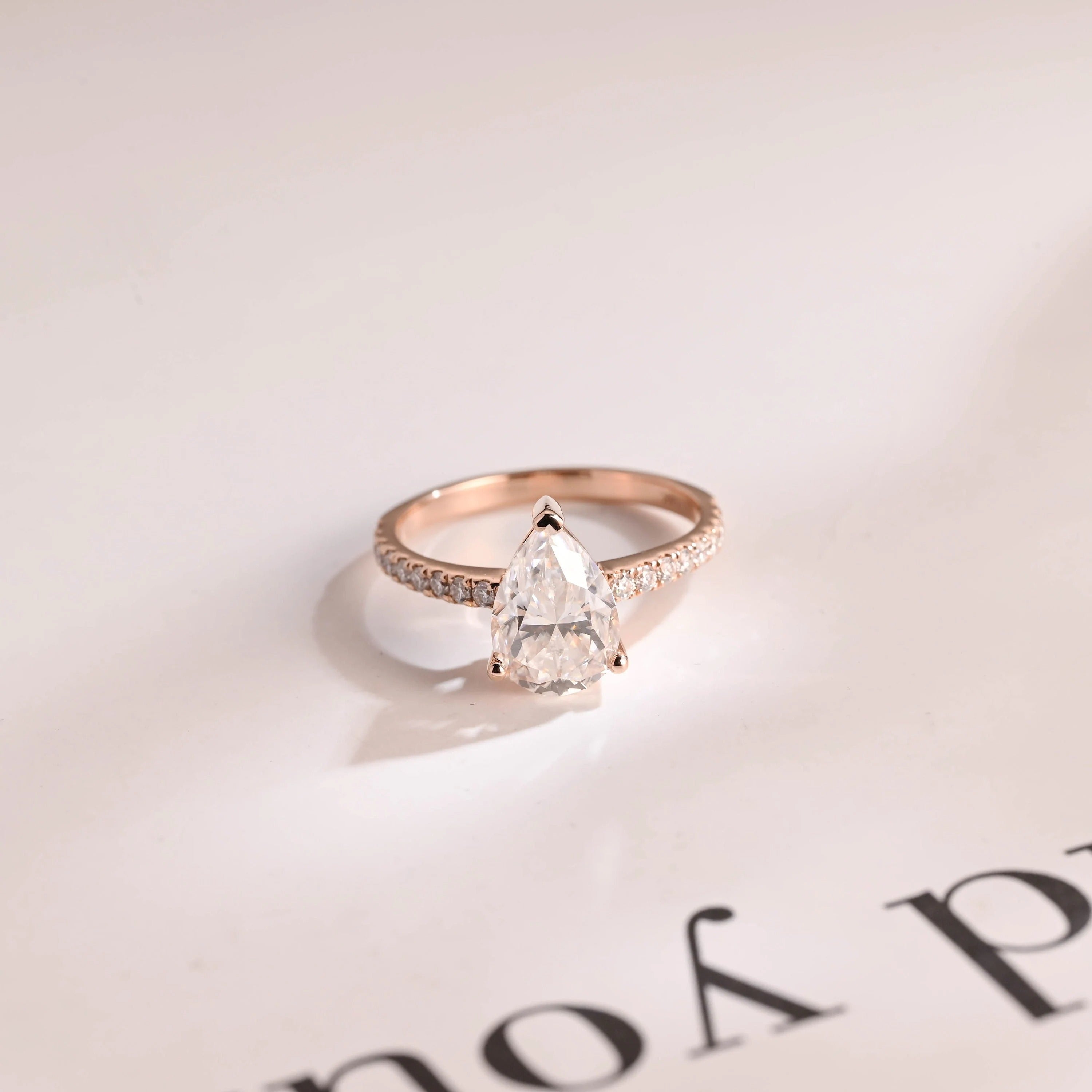 Solid Gold Pear Cut Moissanite Engagement Ring, Half Pave Proposal Ring Main image