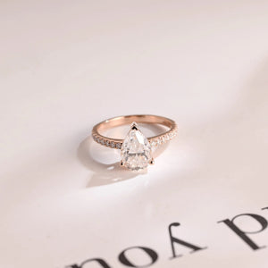 Solid Gold Pear Cut Moissanite Engagement Ring, Half Pave Proposal Ring