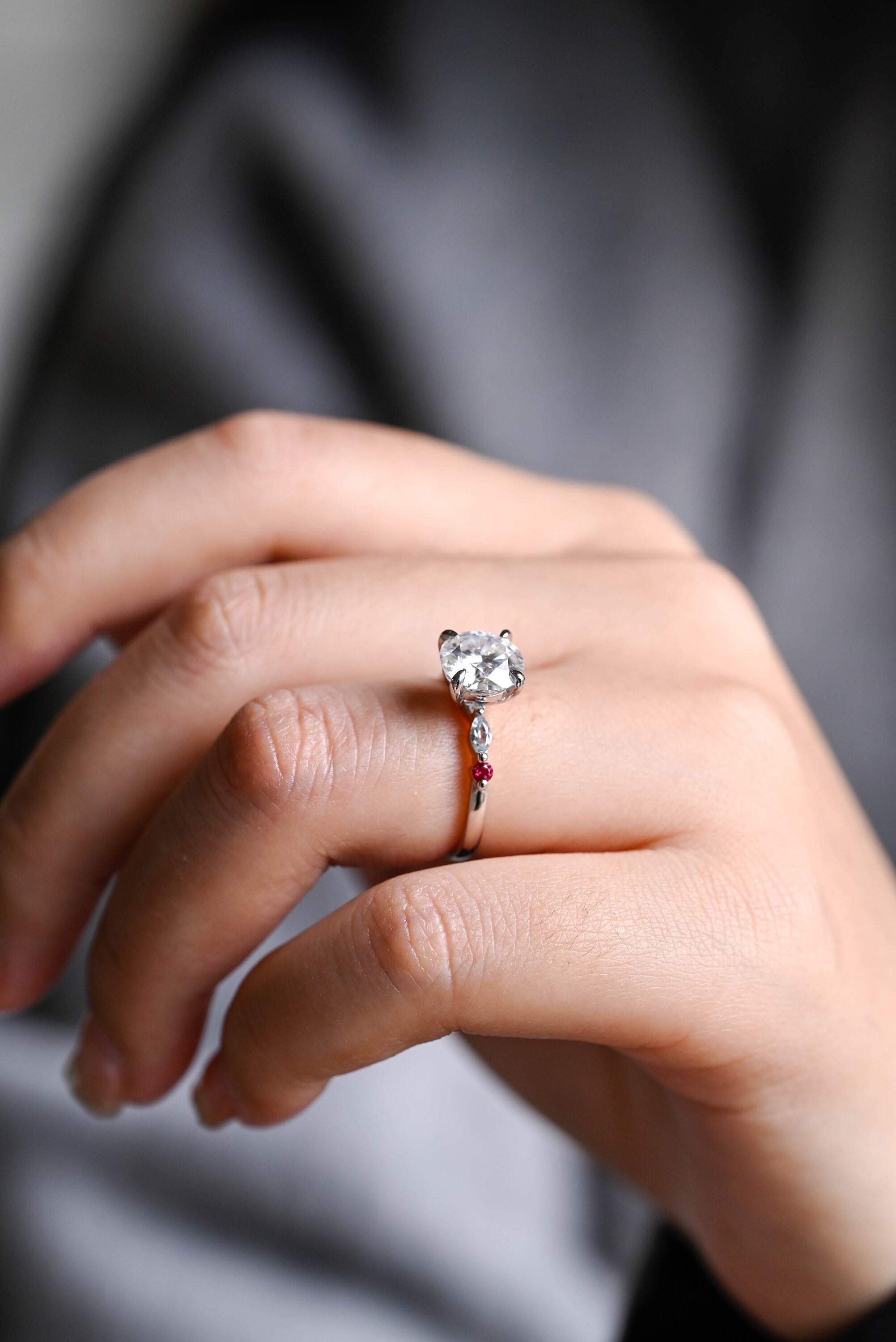 Solid Gold Round Moissanite Engagement Ring, Aquamarine & Ruby Side Stone Ring