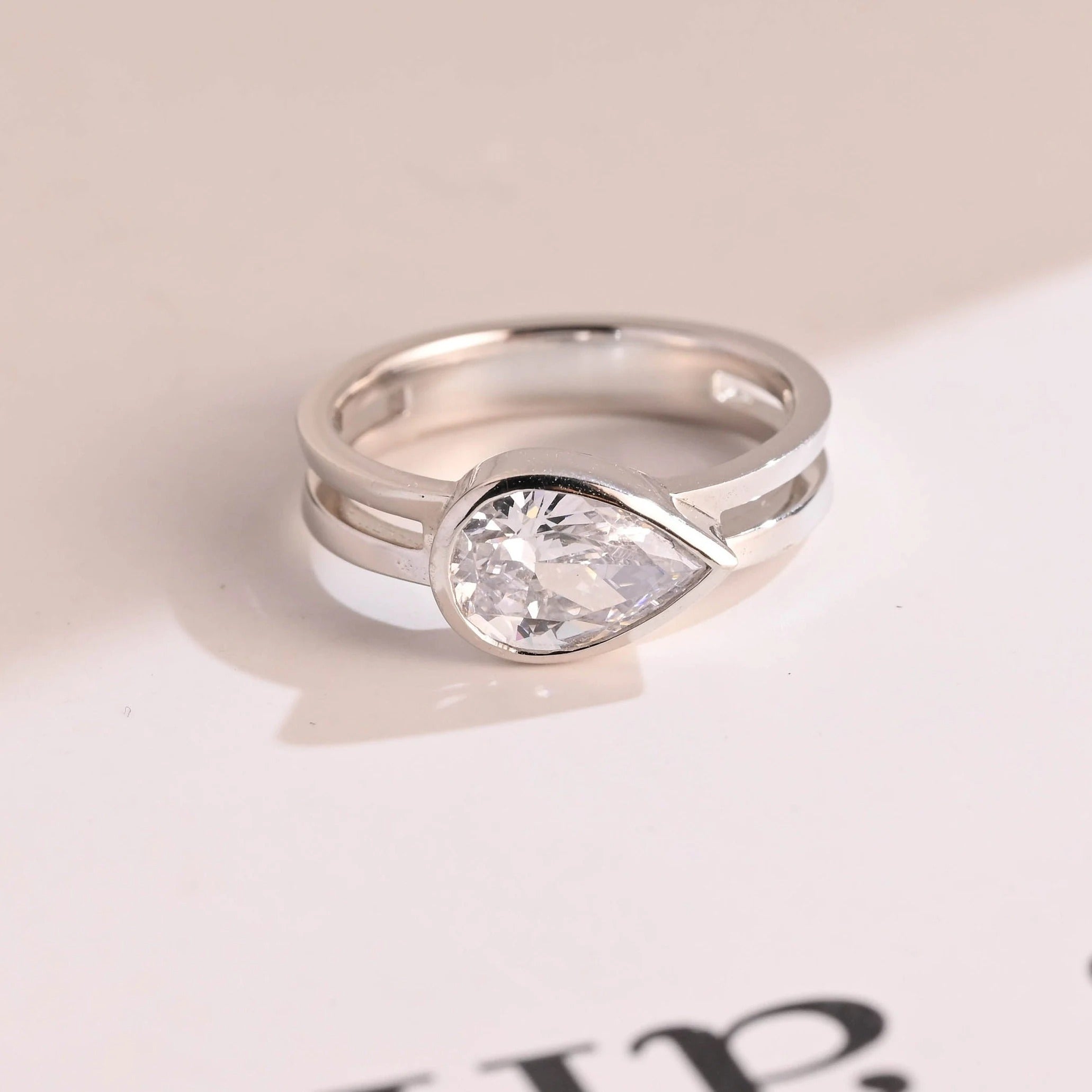 Solid Gold Pear Cut Moissanite Engagement Ring, Double Band Ring Main image