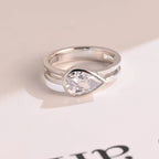 Solid Gold Pear Cut Moissanite Engagement Ring, Double Band Ring