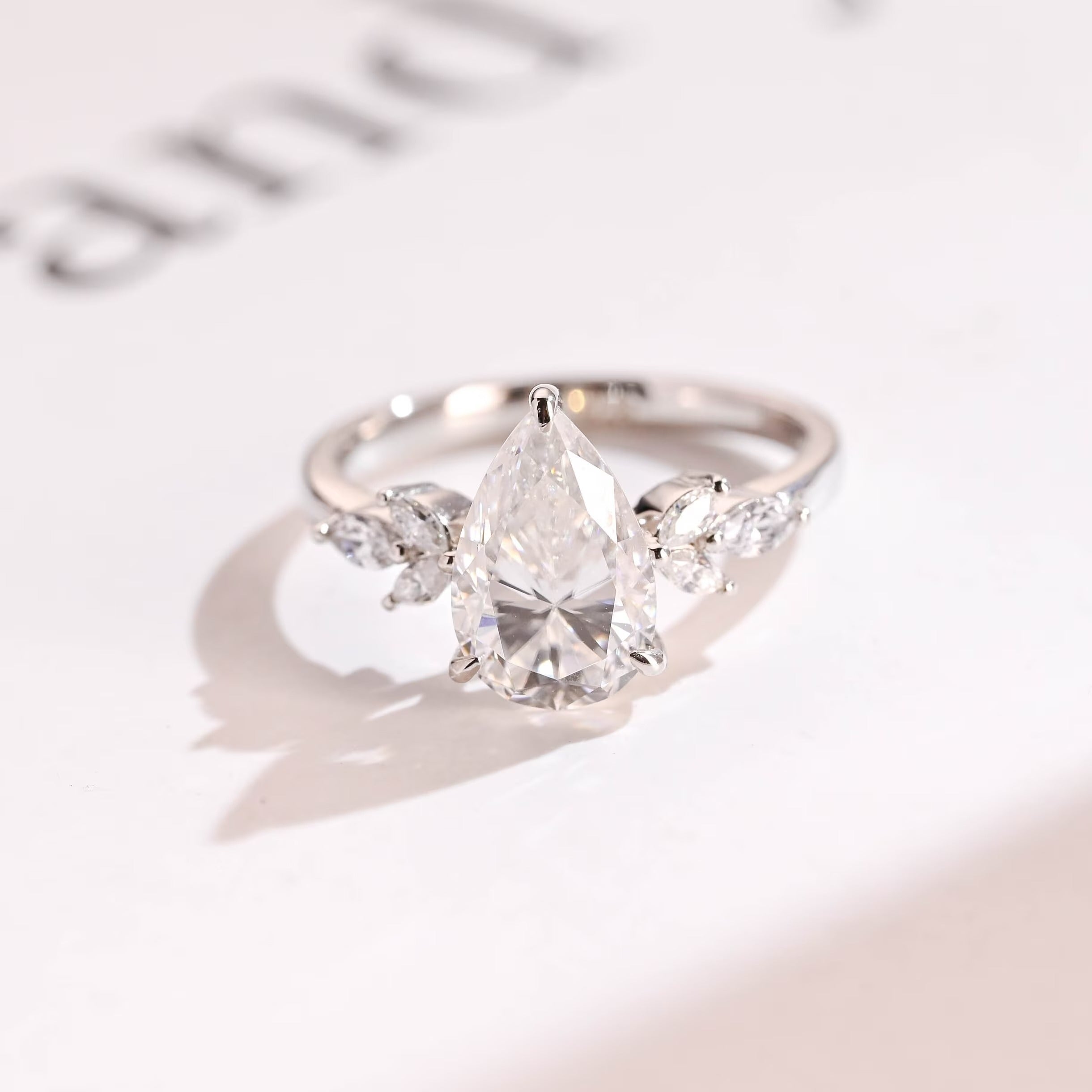 Solid Gold Pear Moissanite Engagement Ring, Proposal Ring for Her Main image