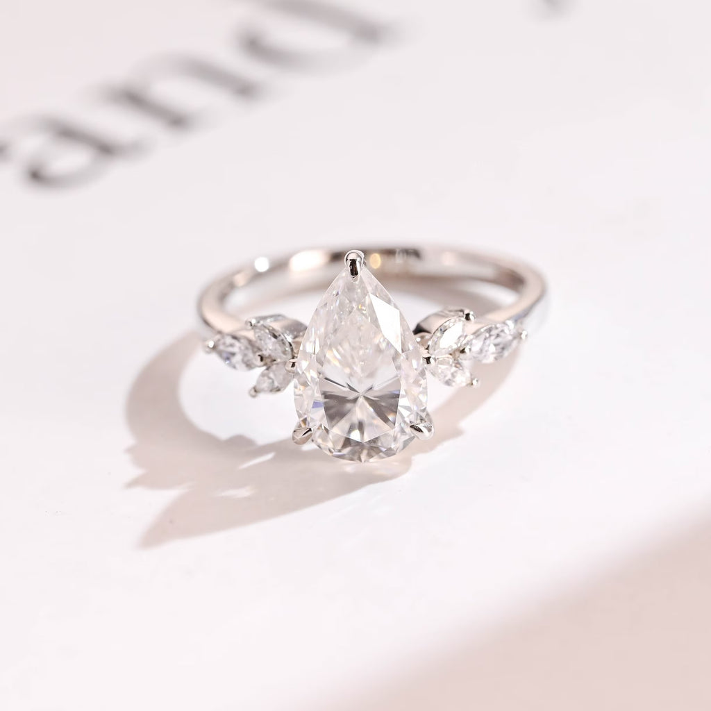 Solid Gold Pear Moissanite Engagement Ring, Proposal Ring for Her