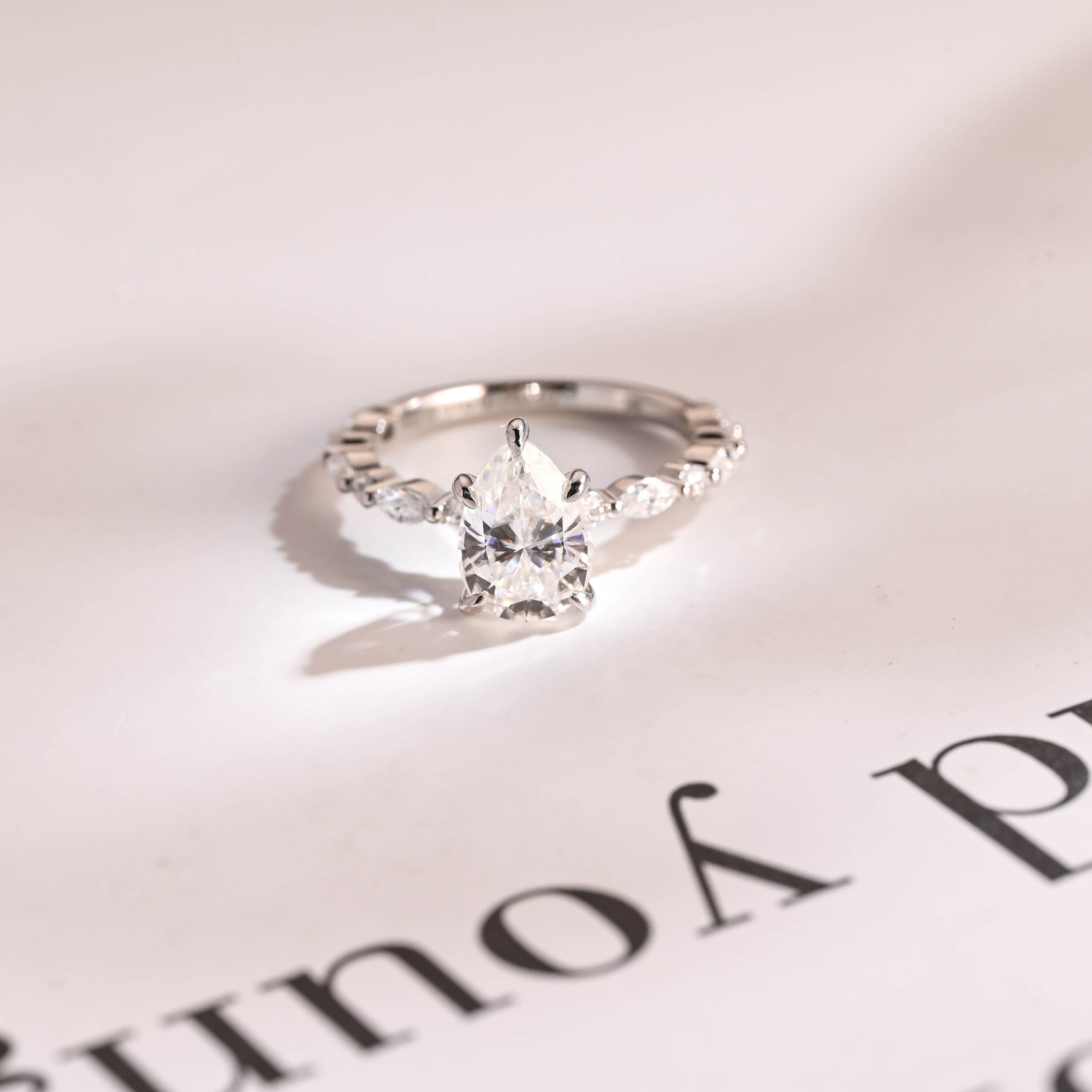 Solid Gold Pear Cut Moissanite Engagement Ring, Half Pave Proposal Ring Main image