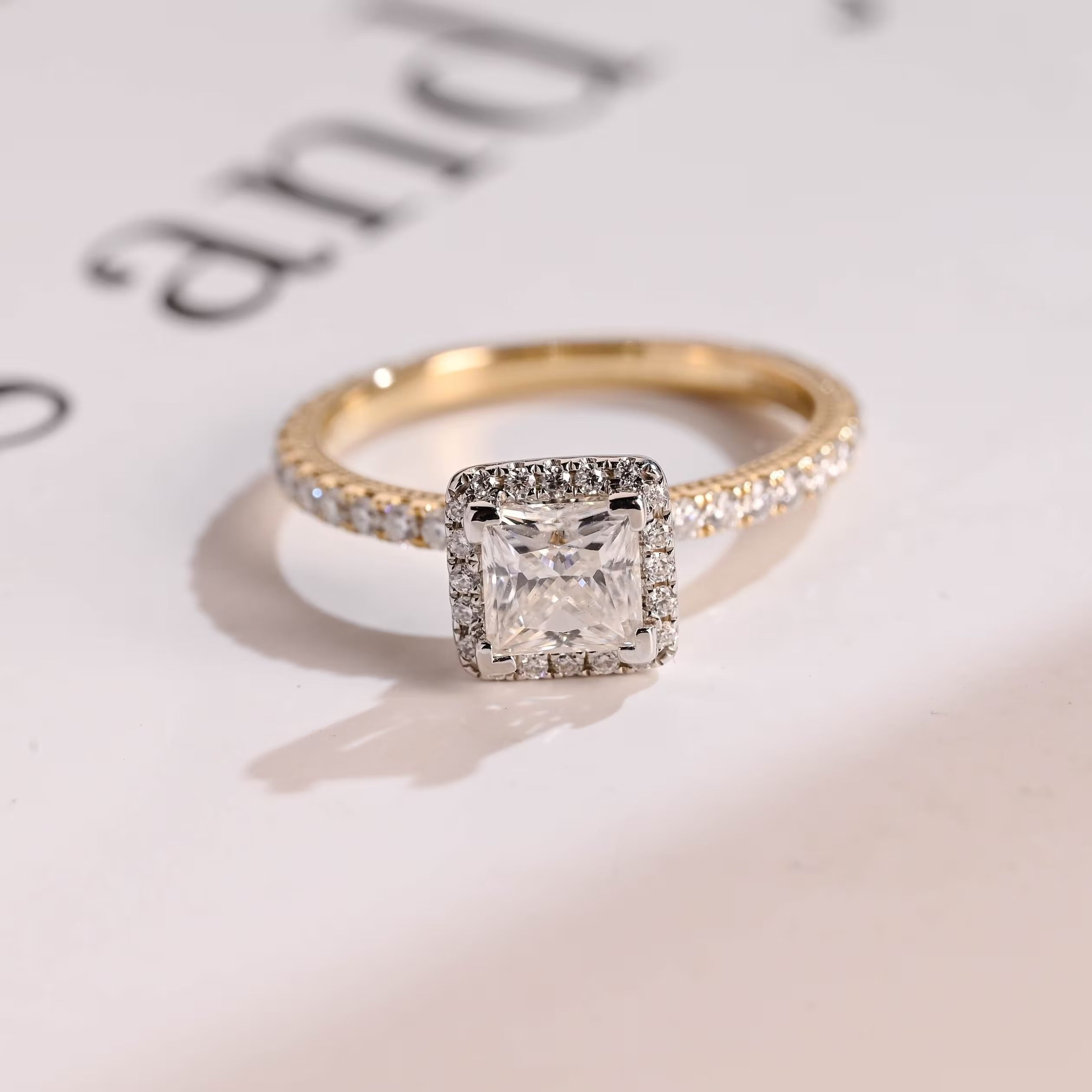 Solid Gold Two Tone Princess Moissanite Engagement Ring, Halo Bridal Ring Main image
