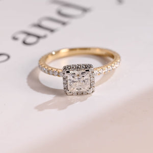 Solid Gold Two Tone Princess Moissanite Engagement Ring, Halo Bridal Ring