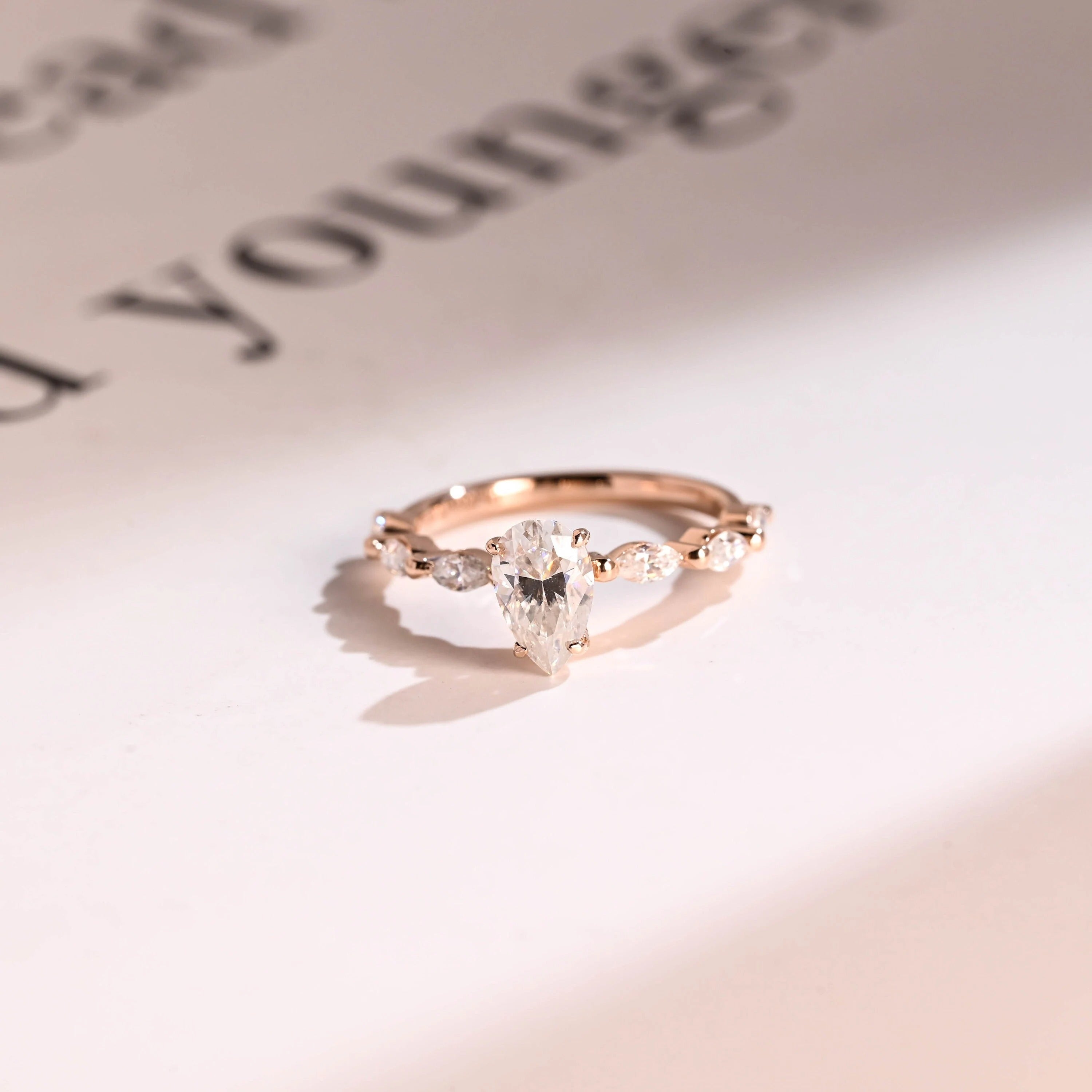 Solid Gold Pear Cut Moissanite Engagement Ring, Half Pave Proposal Ring Main image