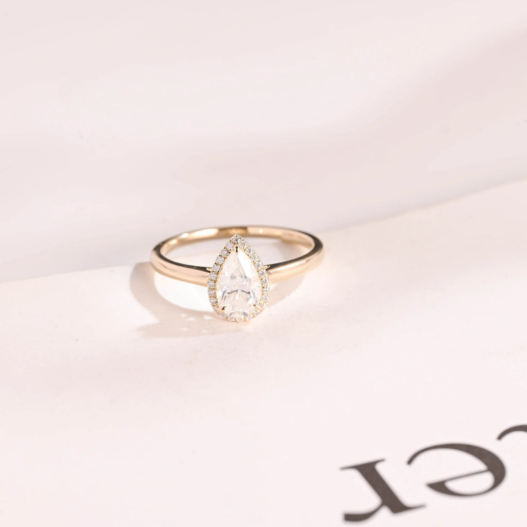 Solid Gold Pear Moissanite Engagement Ring, Flower Halo Promise Ring for Her