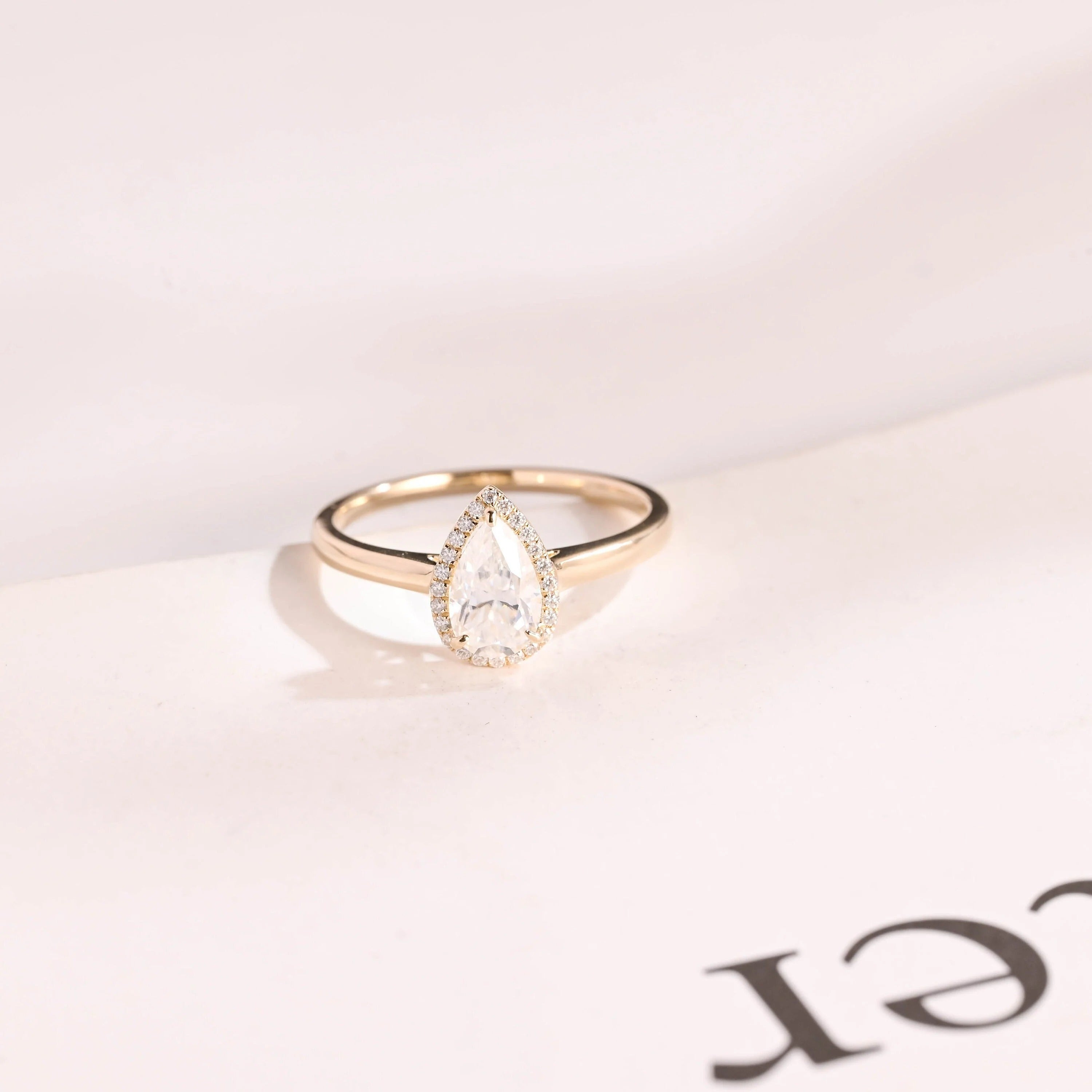 Solid Gold Pear Moissanite Engagement Ring, Flower Halo Promise Ring for Her
