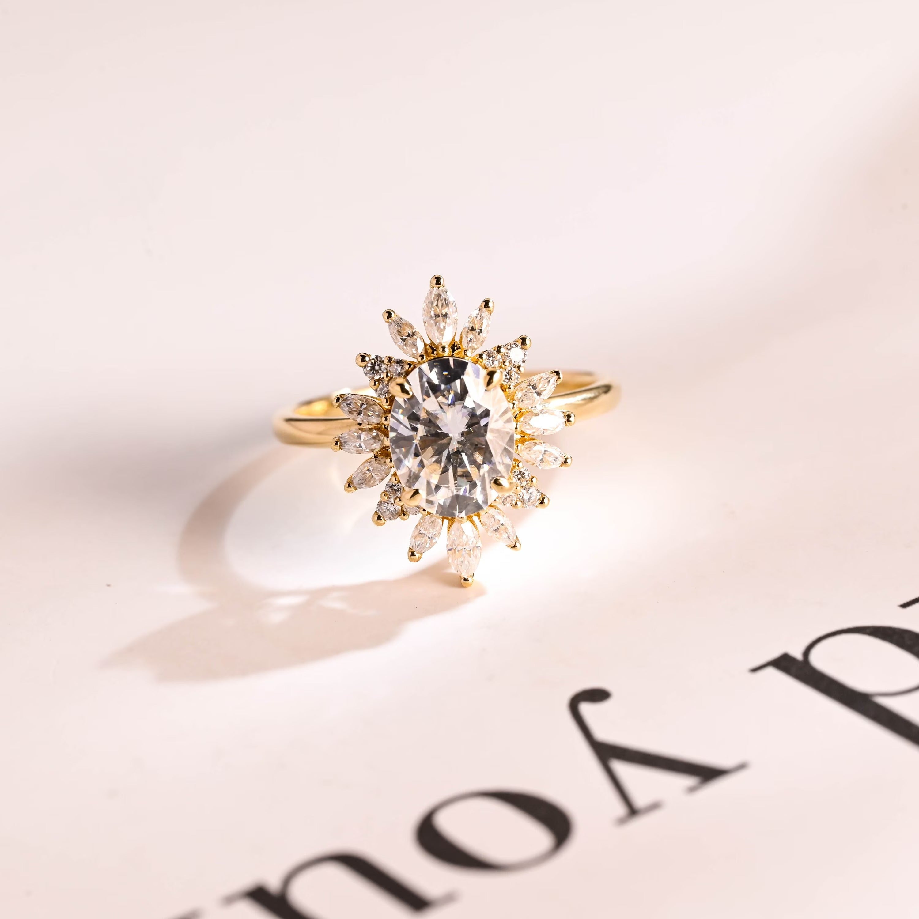Solid Gold Oval Moissanite Engagement Ring, Floral Halo Proposal Ring Main image