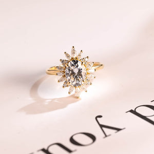 Solid Gold Oval Moissanite Engagement Ring, Floral Halo Proposal Ring
