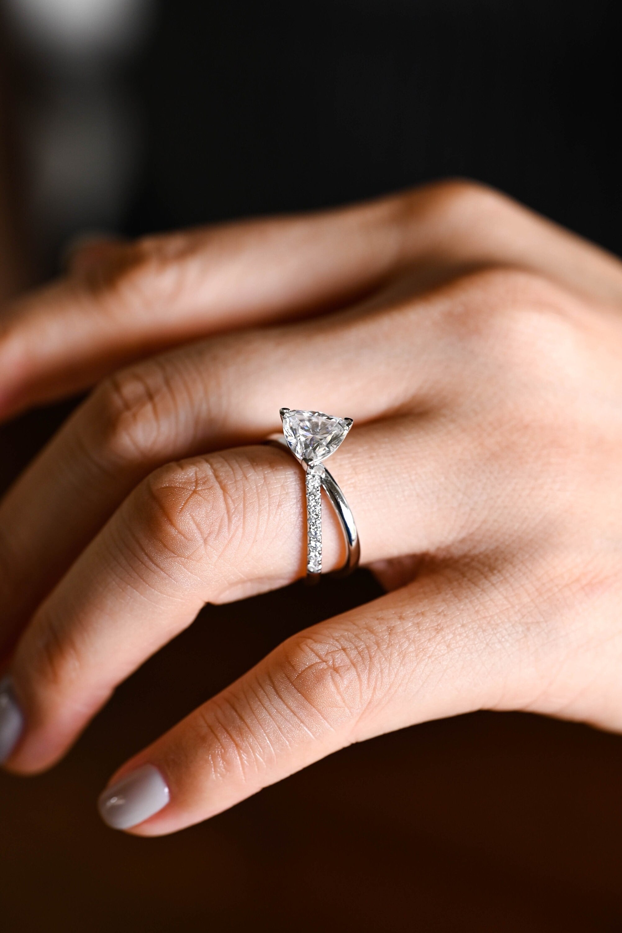 Solid Gold Trillion Cut Moissanite Engagement Ring, Double Band Open Shank Twisted Ring