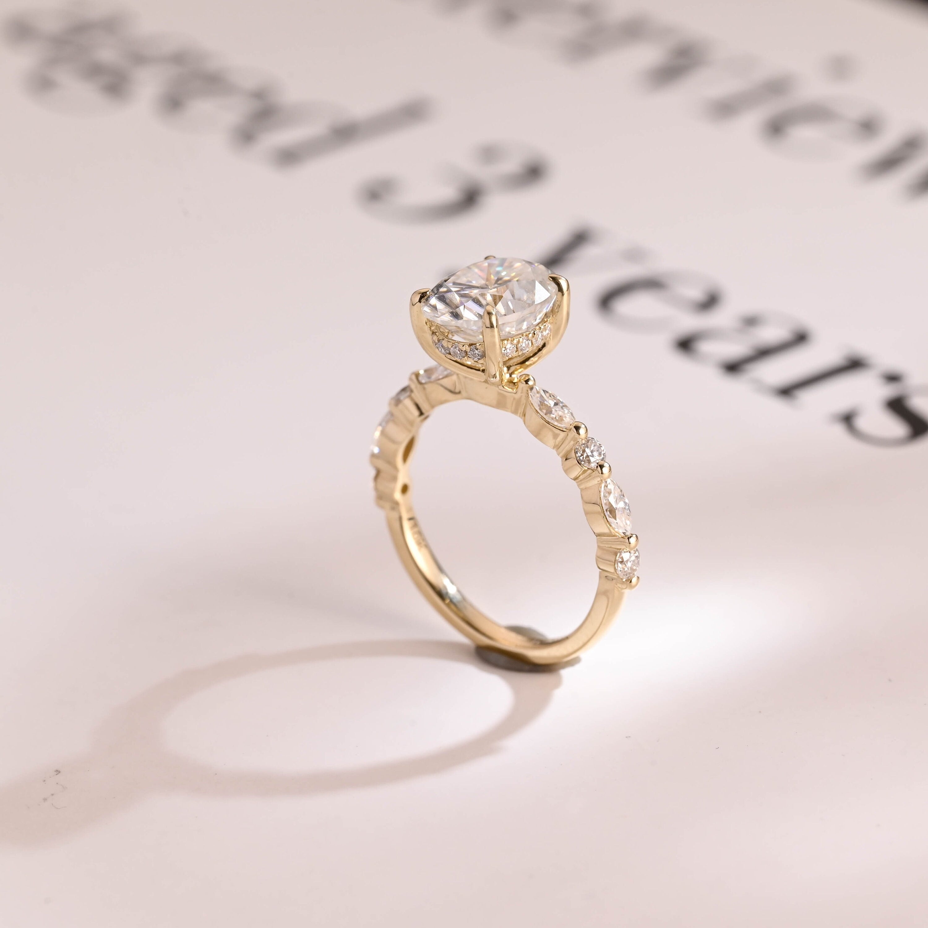 Solid Gold Oval Moissanite Engagement Ring, Hidden Halo Proposal Ring Secondary image