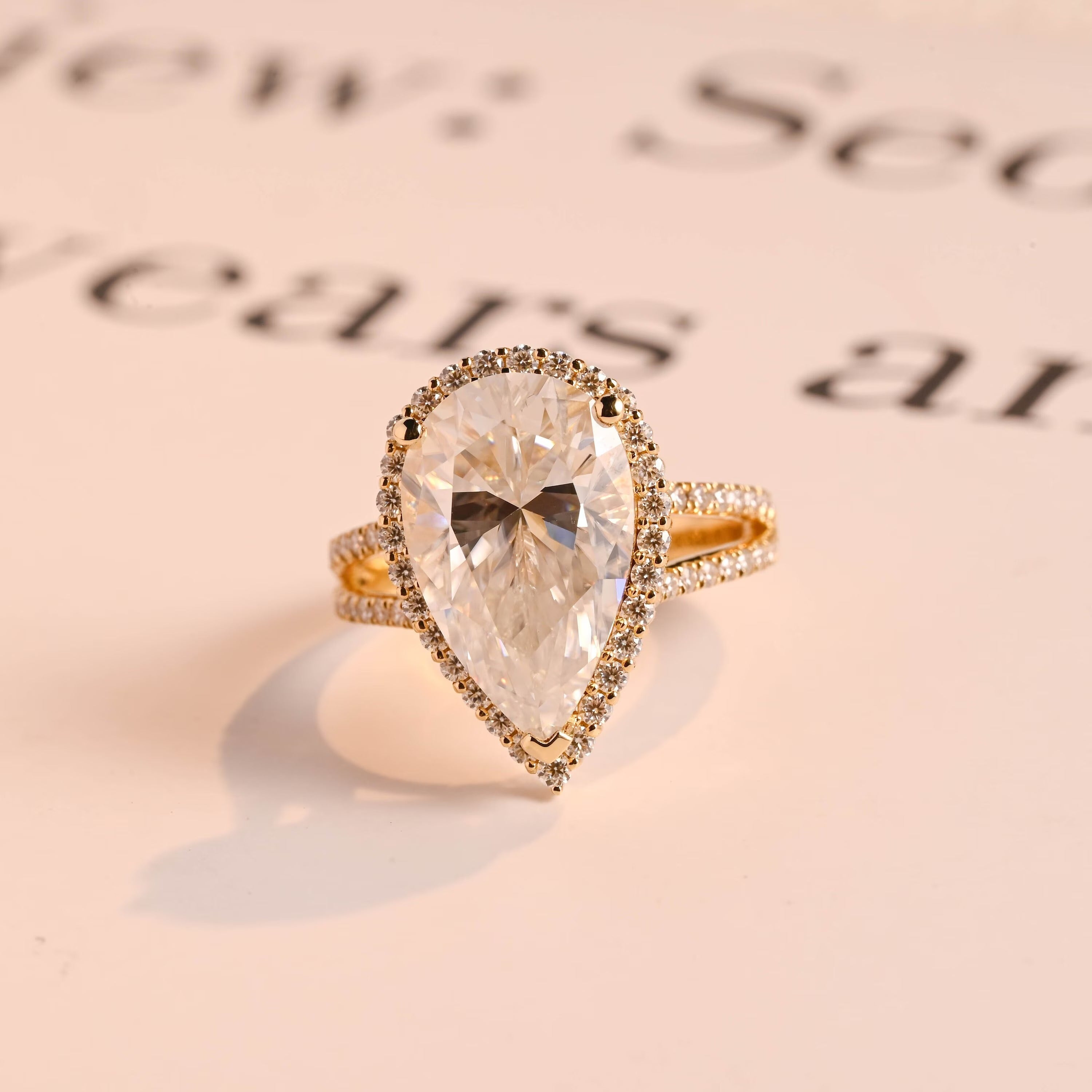 Solid Gold Pear Moissanite Engagement Ring, Double Band Split Shank Halo & Half Eternity Proposal Ring Main image
