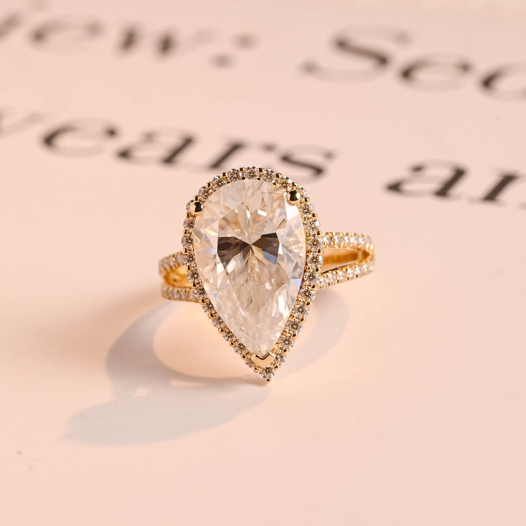 Solid Gold Pear Moissanite Engagement Ring, Double Band Split Shank Halo & Half Eternity Proposal Ring