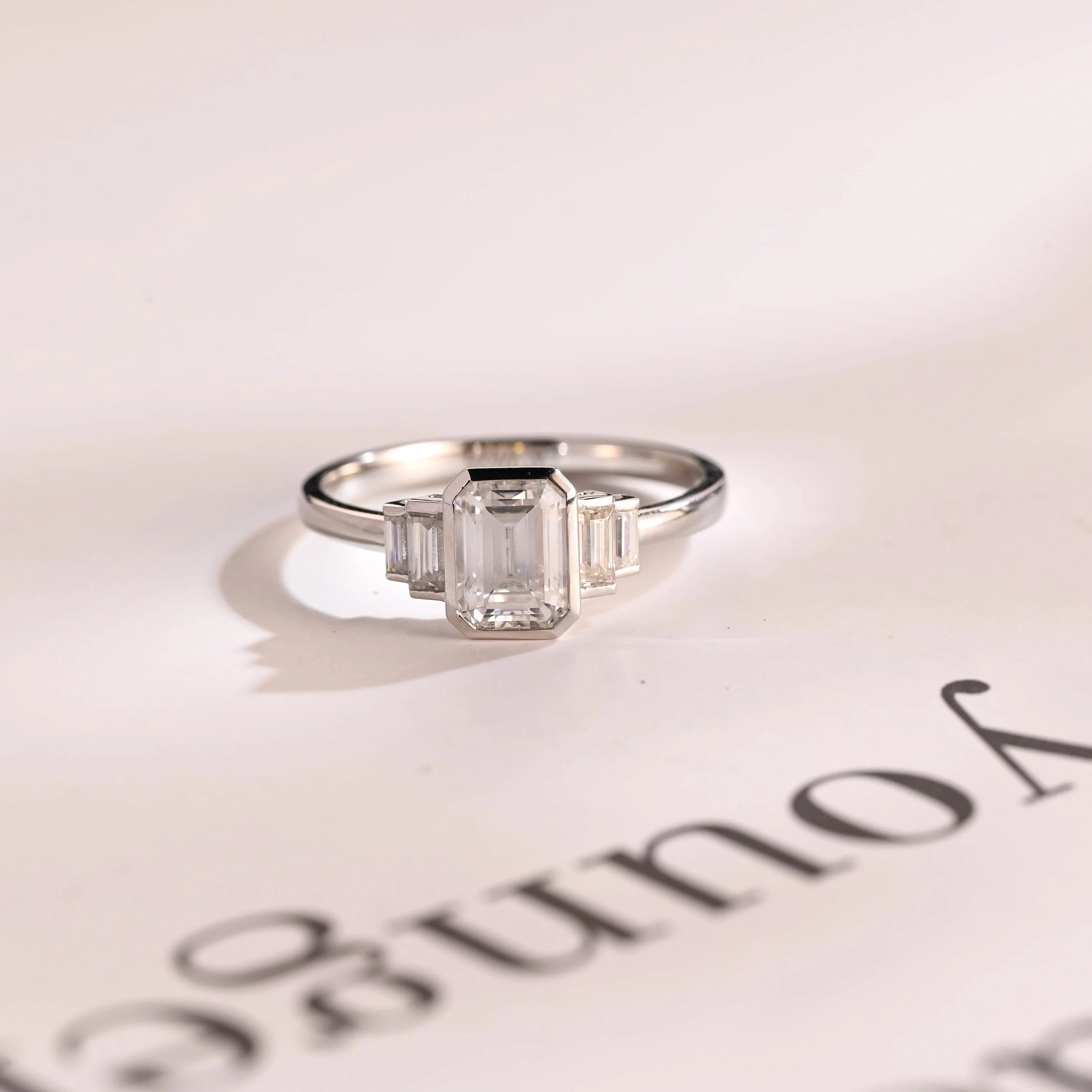 Solid Gold Emerald & Baguette Cut Moissanite Engagement Ring, Minimalist Cluster Bezel Ring Main image