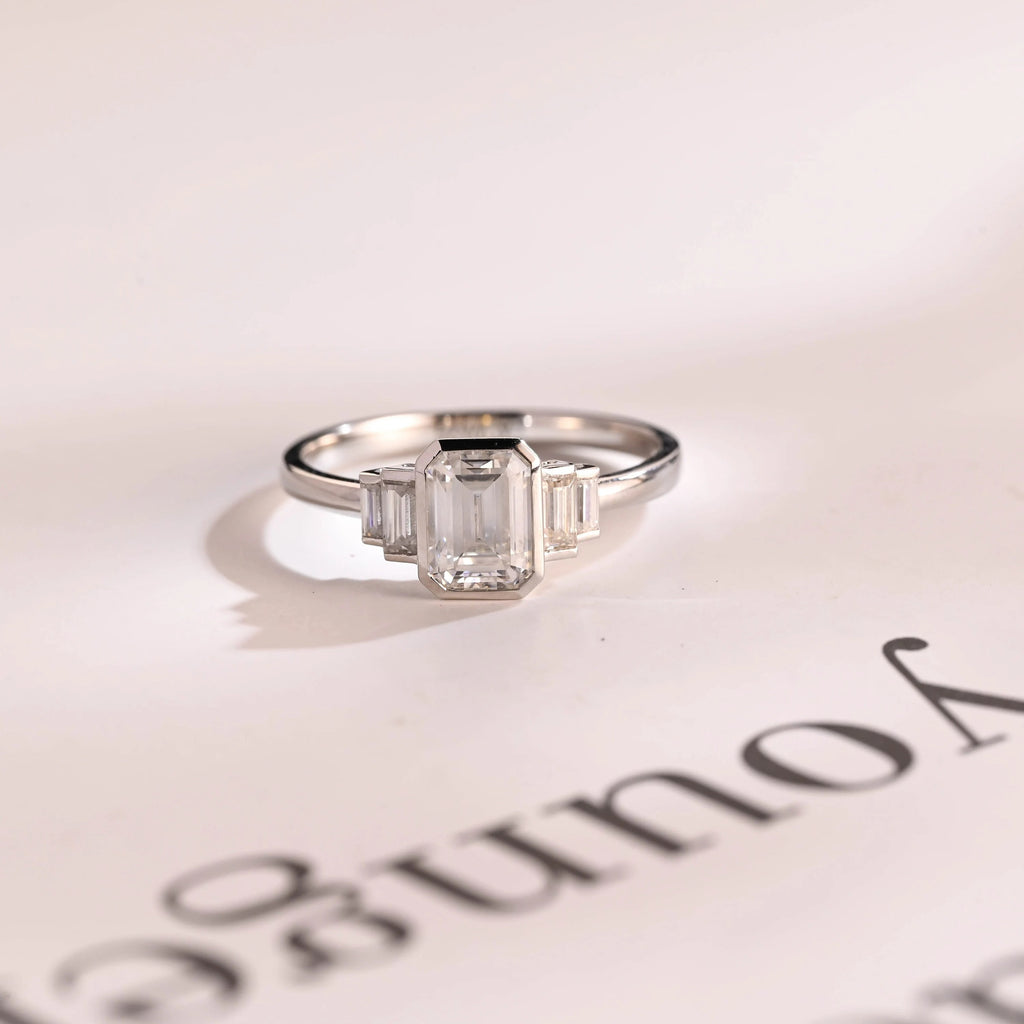 Solid Gold Emerald & Baguette Cut Moissanite Engagement Ring, Minimalist Cluster Bezel Ring