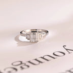 Solid Gold Emerald & Baguette Cut Moissanite Engagement Ring, Minimalist Cluster Bezel Ring