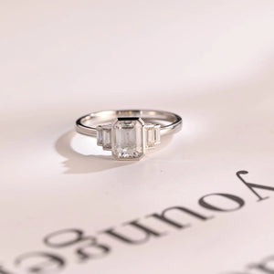 Solid Gold Emerald & Baguette Cut Moissanite Engagement Ring, Minimalist Cluster Bezel Ring