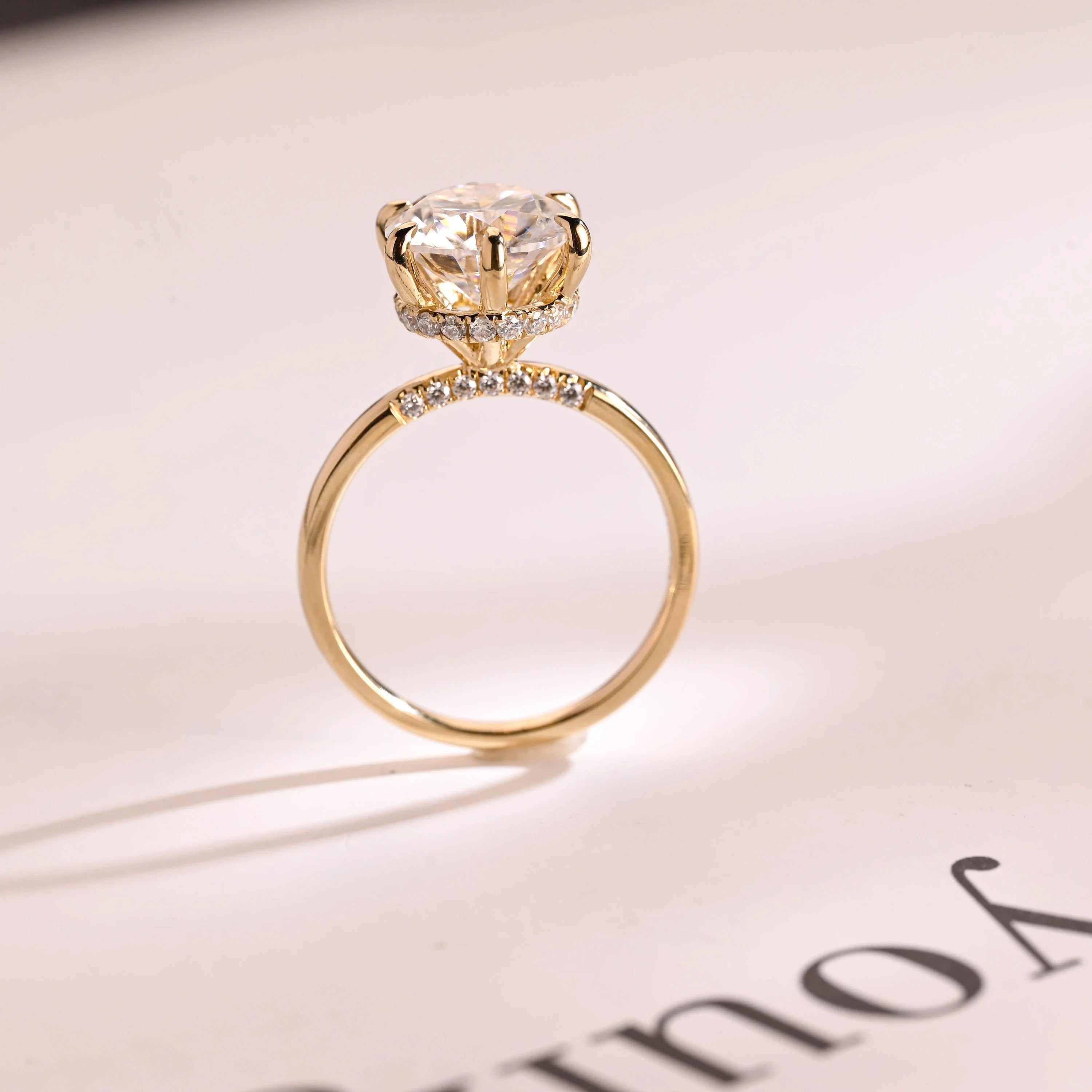 Solid Gold Hidden Halo Round Moissanite Engagement Ring, Anniversary Gift