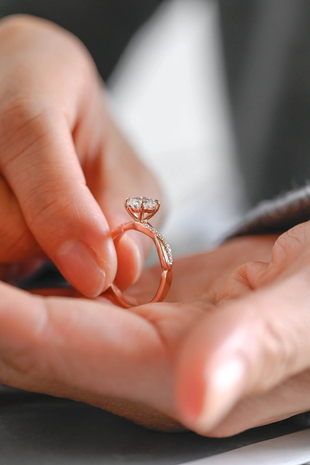 Solid Gold Round Moissanite Engagement Ring, Twisted Band Half Pave Anniversary Ring