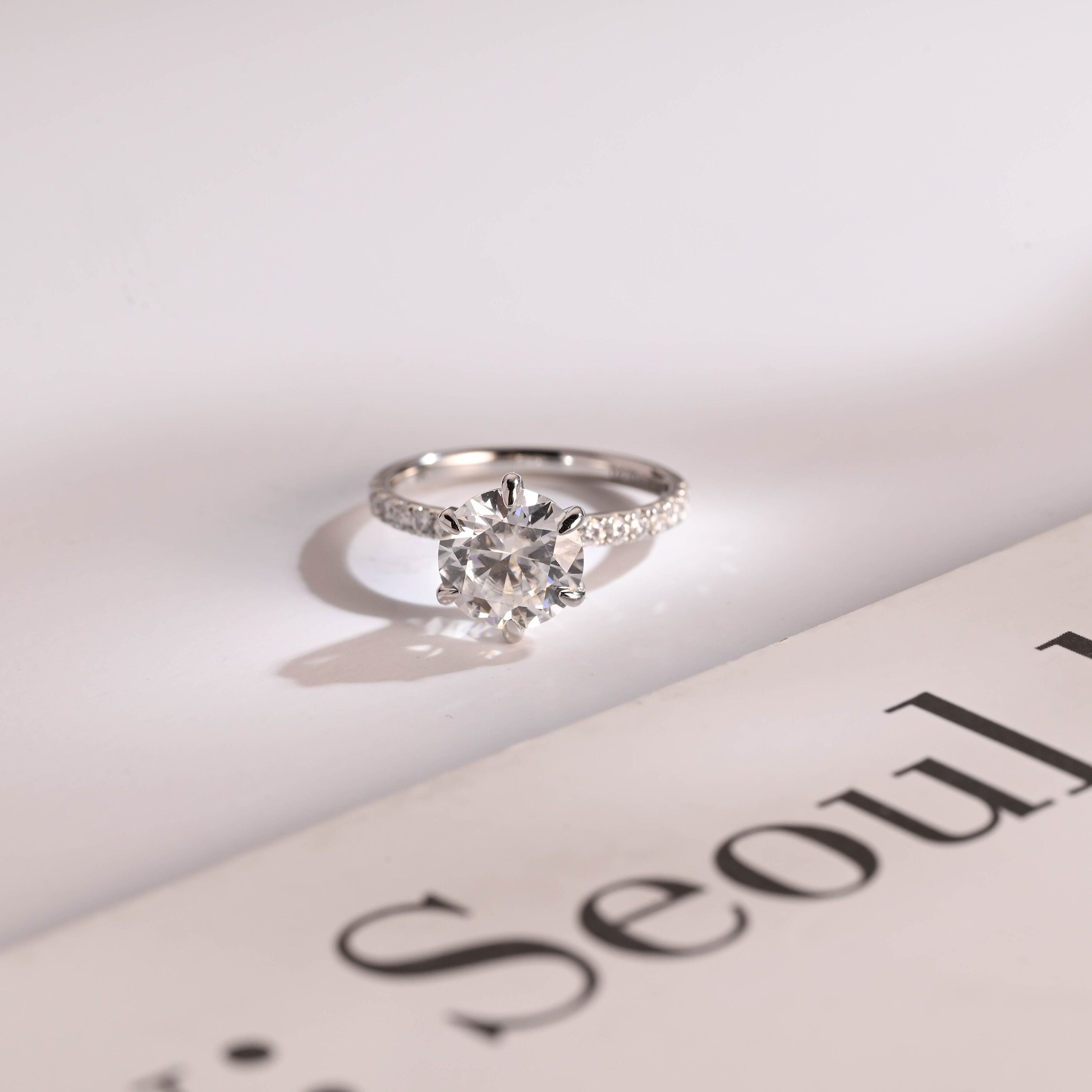 Solid Gold Half Eternity Round Moissanite Engagement Ring, Anniversary Gift for Wife Main image